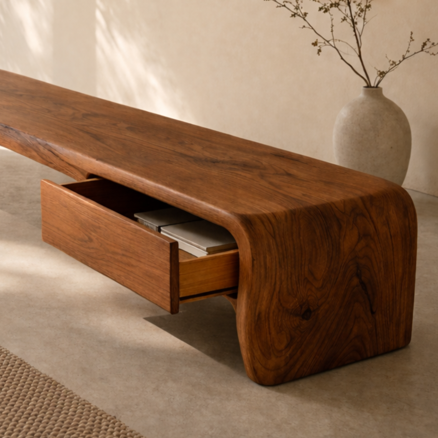 Solid Wood Entryway Bench with Hidden Drawer – Sculptural Minimalist Design