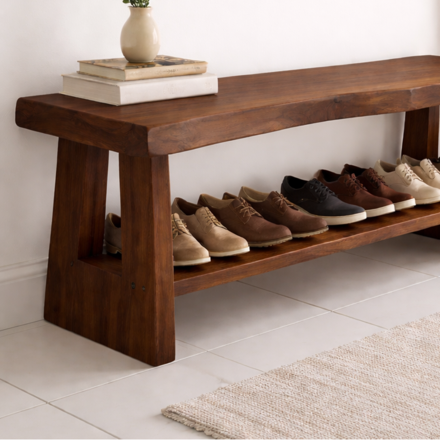 Solid Wood Entryway Shoe Bench with Open Shelf – Minimalist Storage Bench