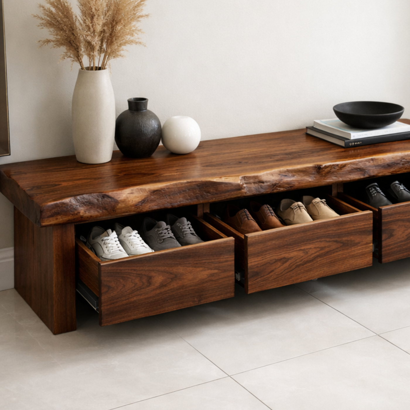 Solid Wood Entryway Bench with 3 Drawers – Hidden Shoe Storage Bench