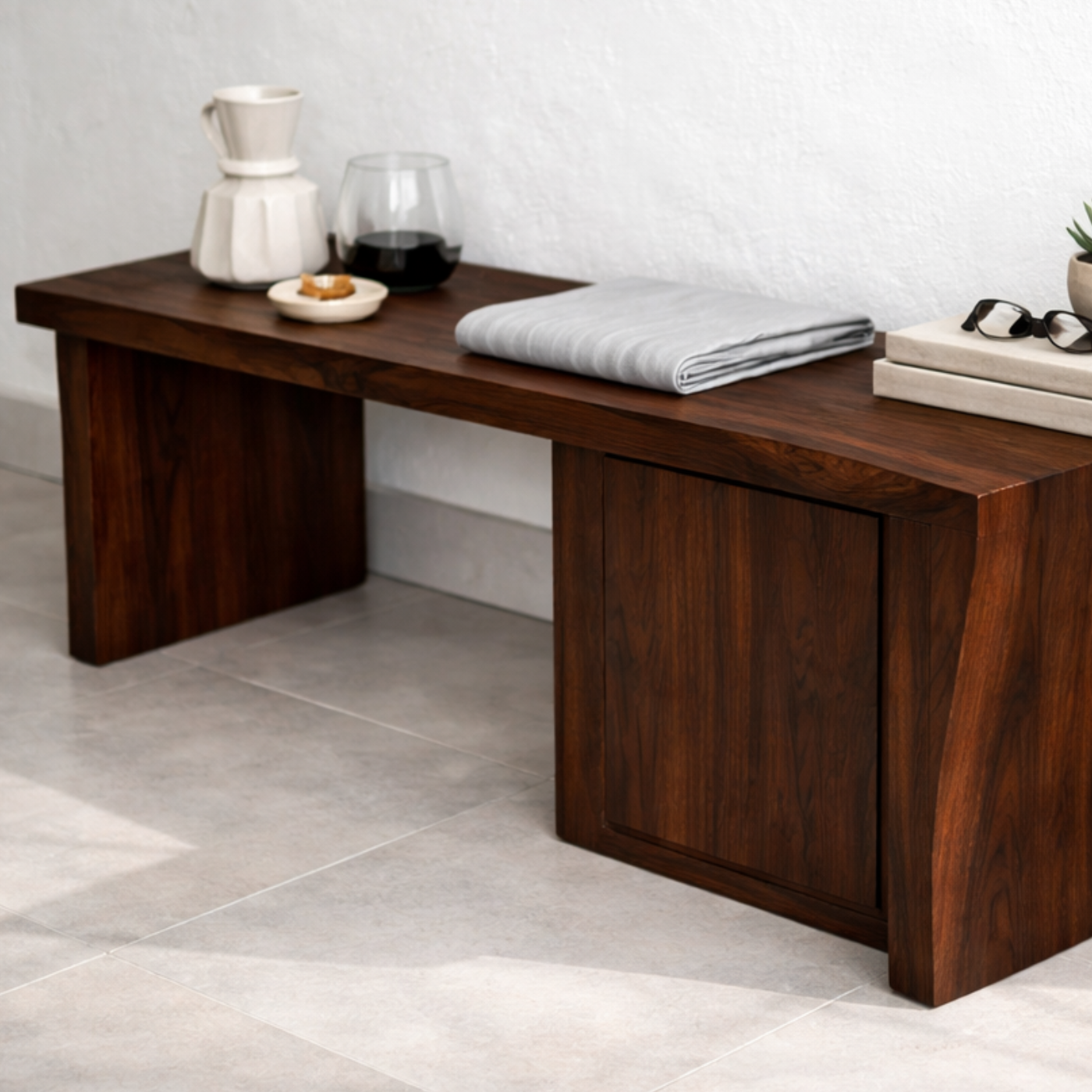 Solid Wood Entryway Bench with Side Storage Cabinet – Minimalist Wooden Bench