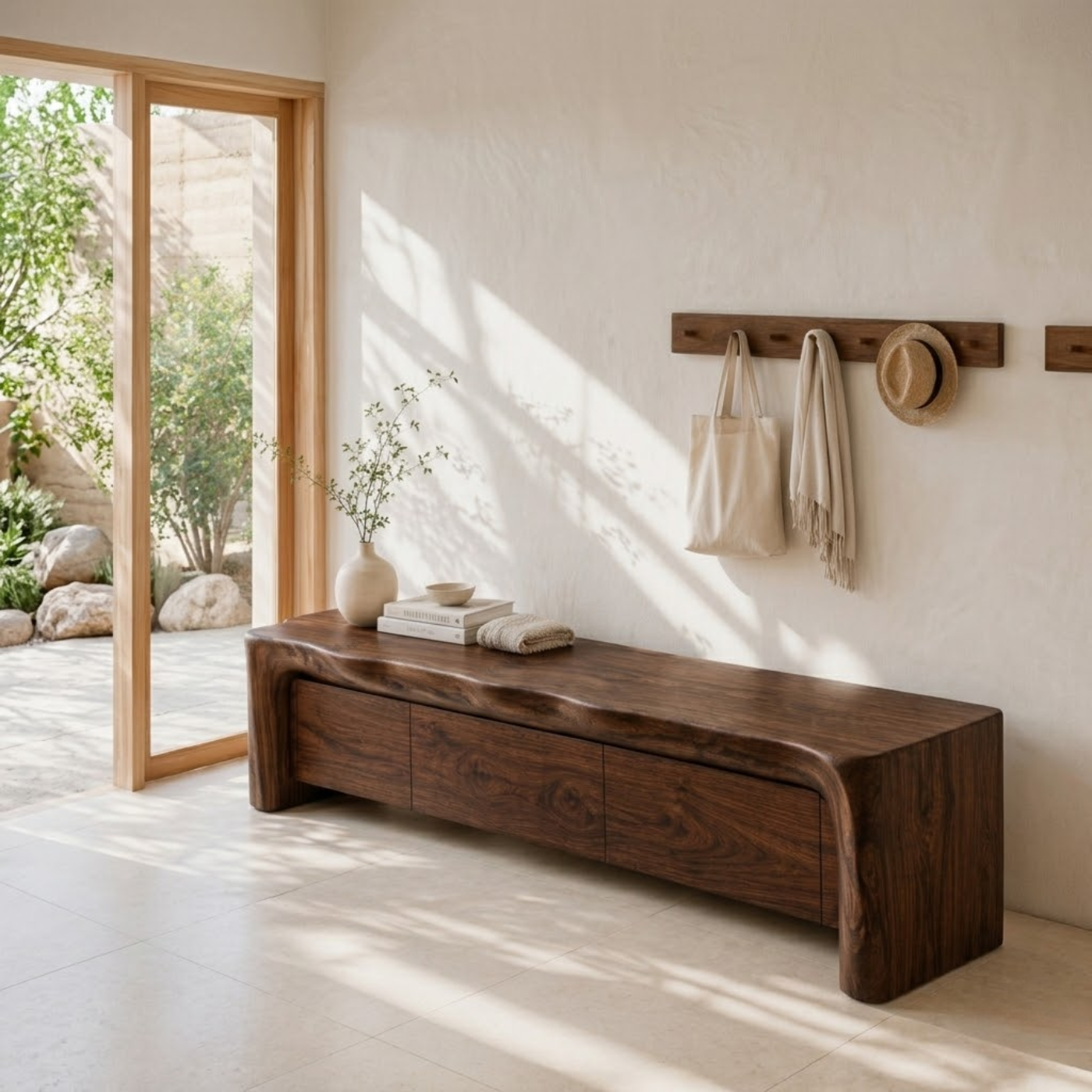 Live Edge Entryway Bench with Storage, Rustic Solid Wood Shoe Bench with Drawers