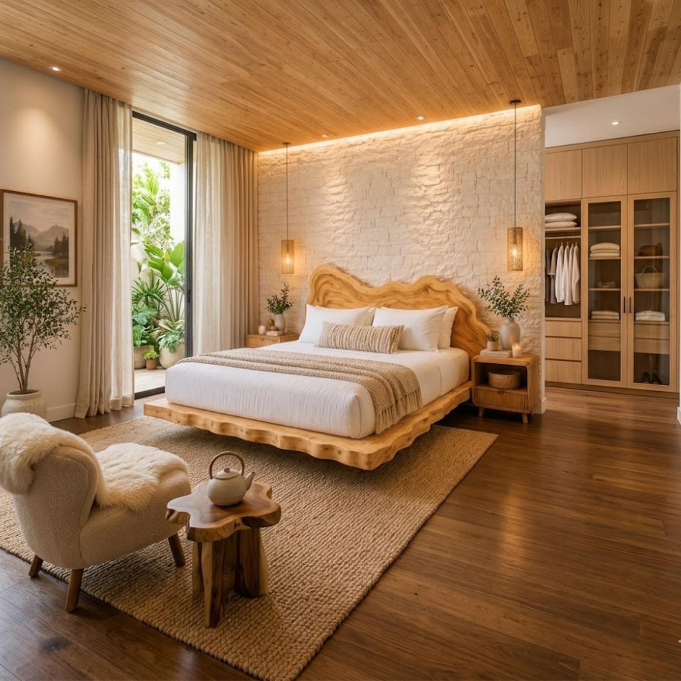Live Edge Solid Wood Platform Bed Frame, Organic Wavy Headboard Furniture