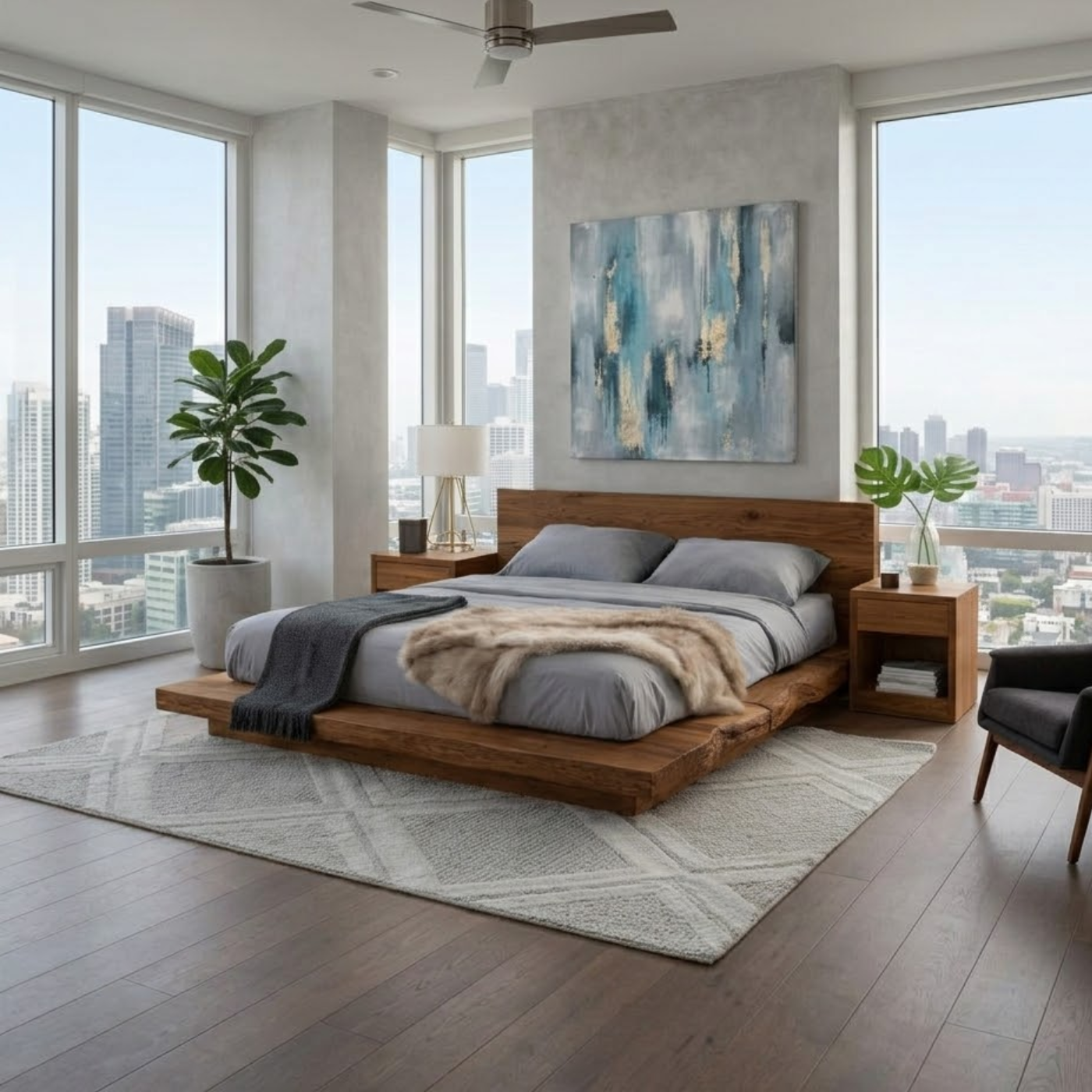 Handcrafted Live Edge Solid Wood Low Platform Bed with Minimalist Headboard