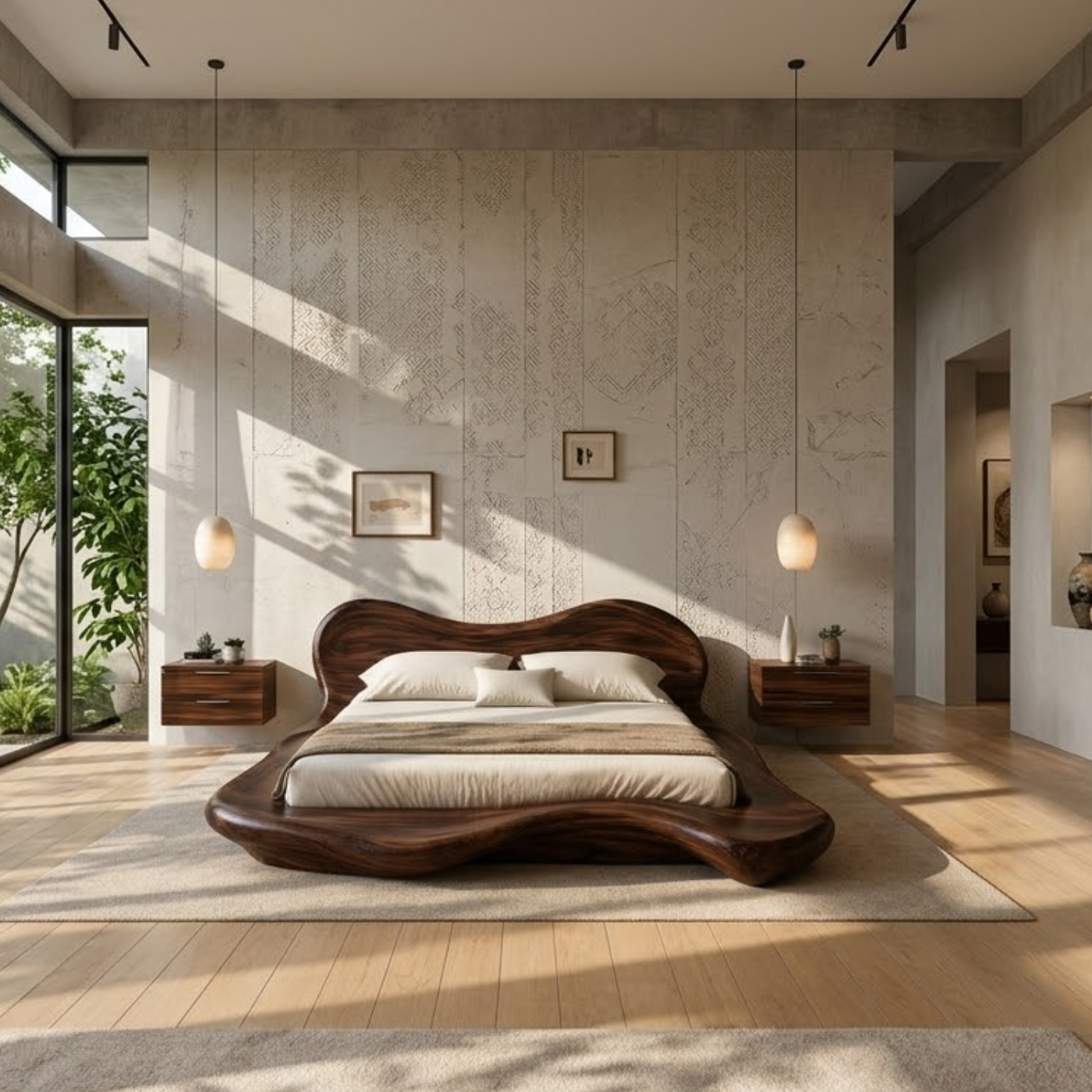 Handcrafted Solid Wood Sculptural Platform Bed, Organic Wavy Design Luxury Bed Frame