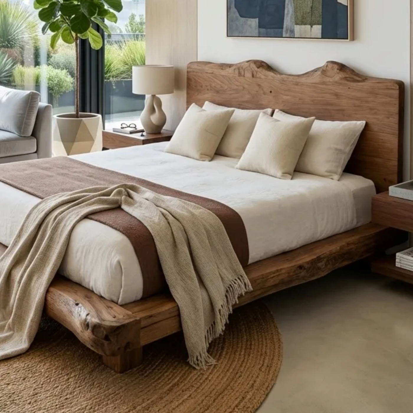 Handcrafted Live Edge Solid Wood Platform Bed, Rustic Organic Modern Bed with Headboard