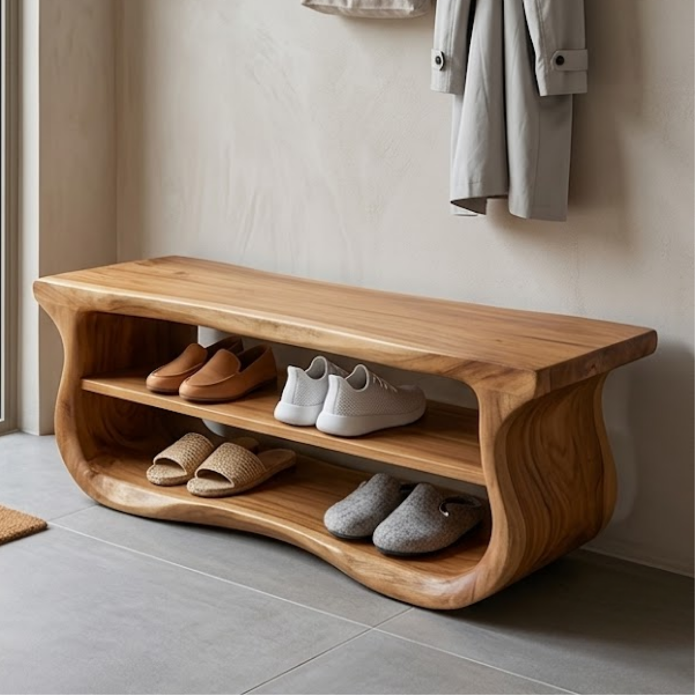 Solid Wood Entryway Bench with Shoe Storage, Organic Wavy Hallway Seating