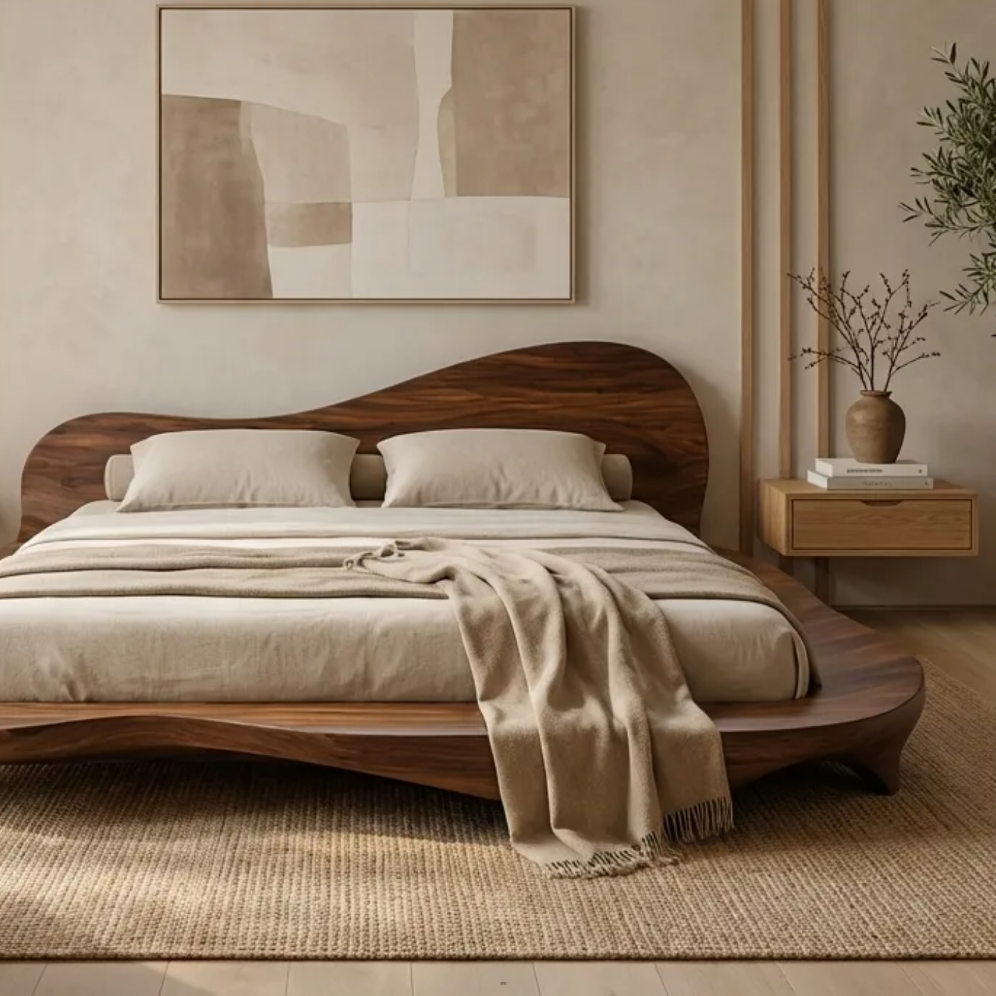 Handcrafted Solid Wood Sculptural Platform Bed, Organic Wavy Japandi Bed Frame