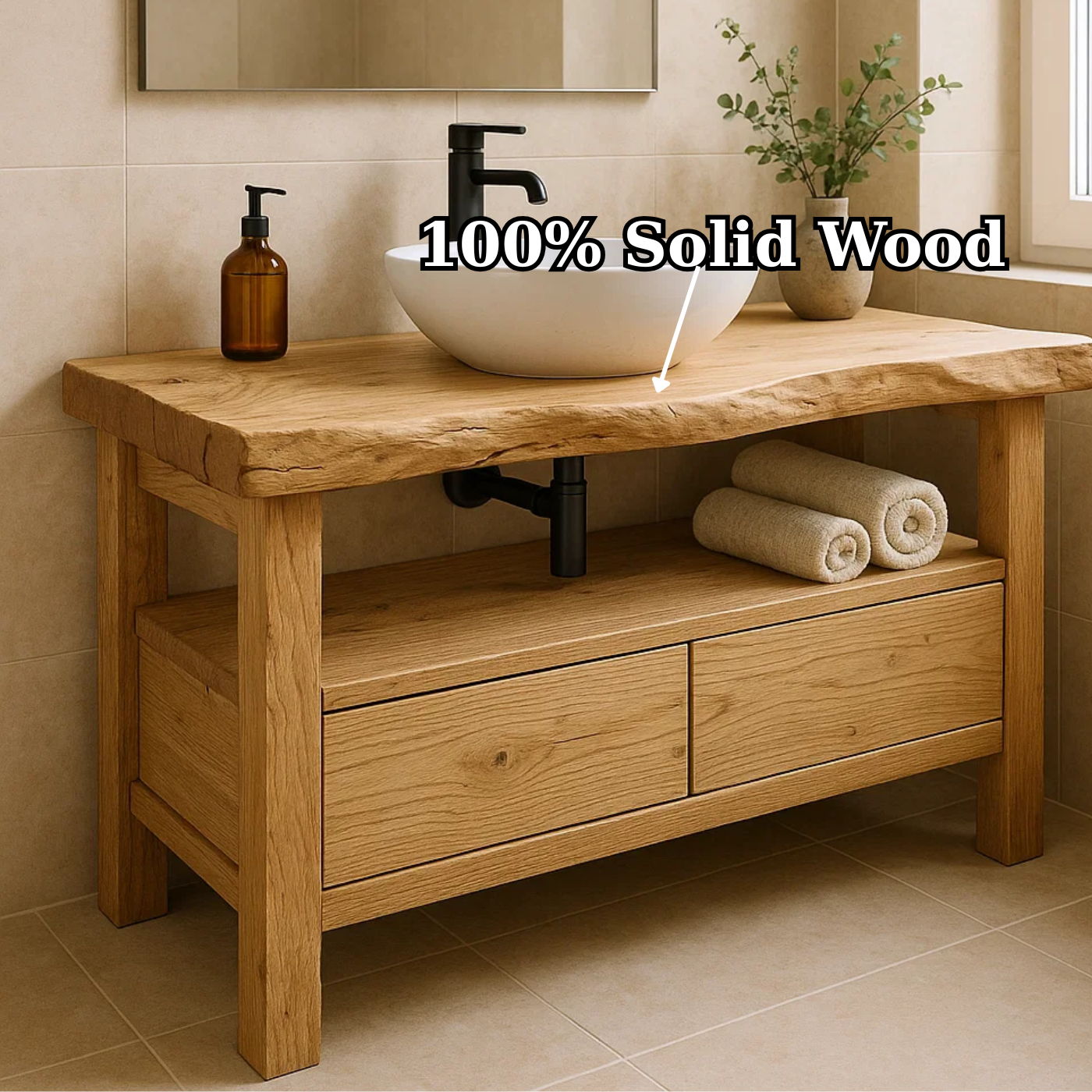 Handcrafted Solid Wood Bathroom Vanity with Dual Drawers and Open Shelf for Minimalist Bathrooms