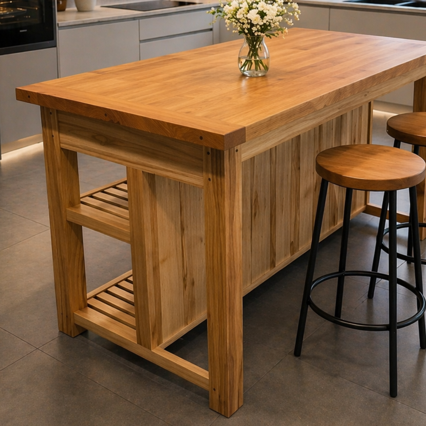 Solid Wood Kitchen Island Table with Storage Shelf – Rustic Modern Dining Island, Large Wooden Prep Table for Kitchen