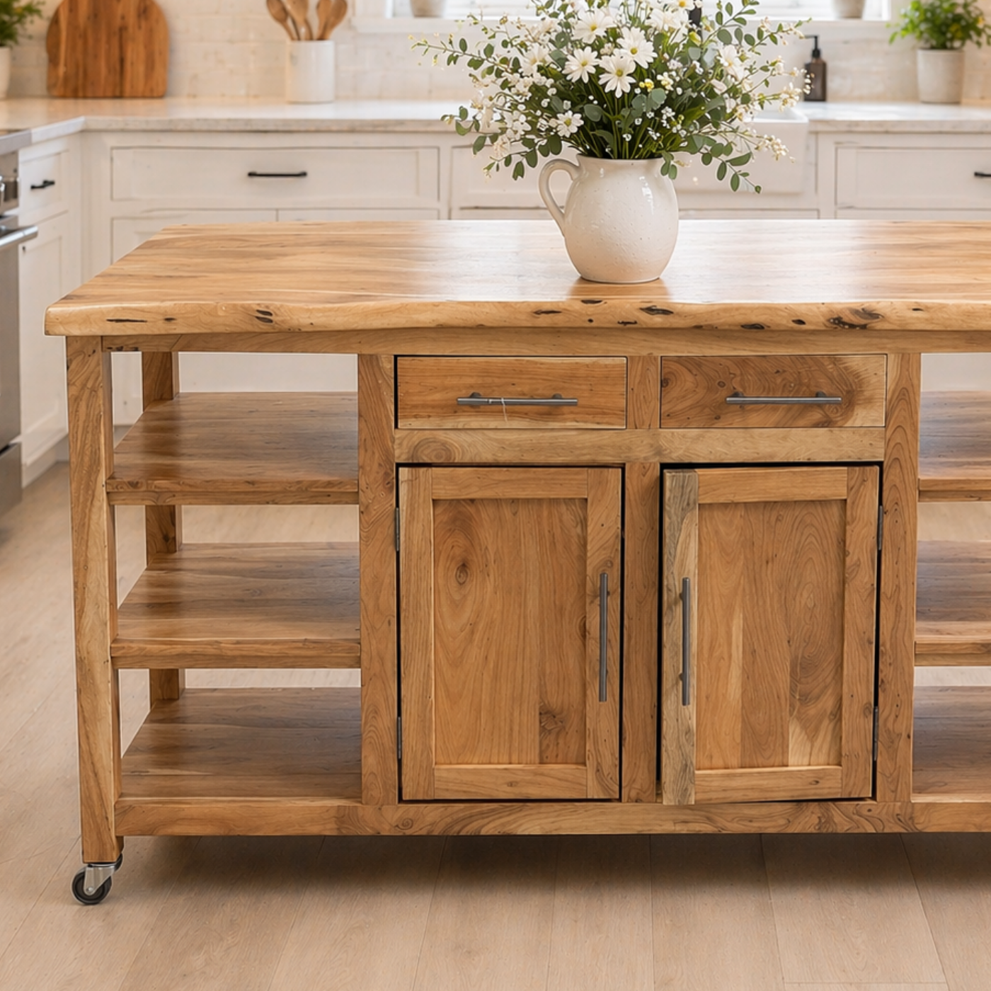 Solid Wood Kitchen Island with Storage & Shelves – Rustic Kitchen Cart, Rolling Prep Table with Drawers & Cabinet