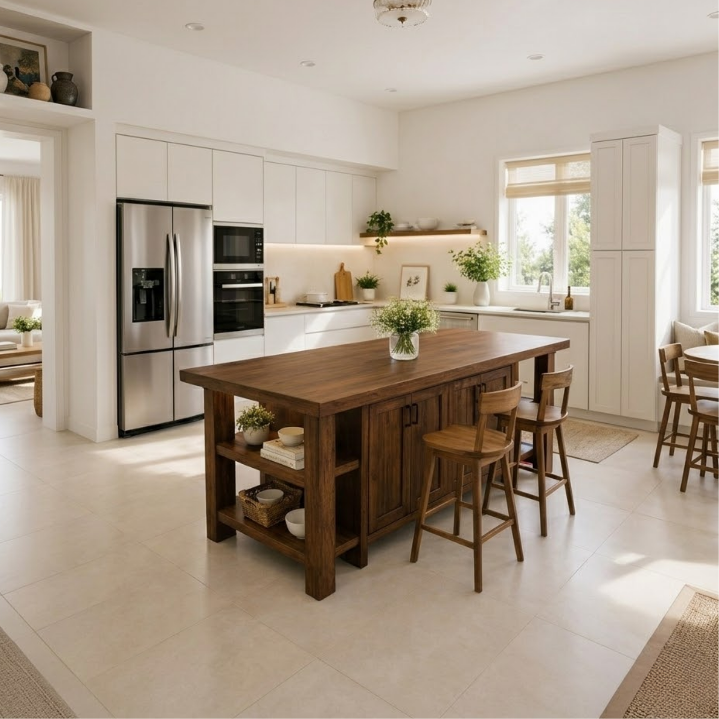 Solid Wood Kitchen Island with Seating & Storage – Rustic Walnut Dining Island Table with Cabinets & Open Shelves