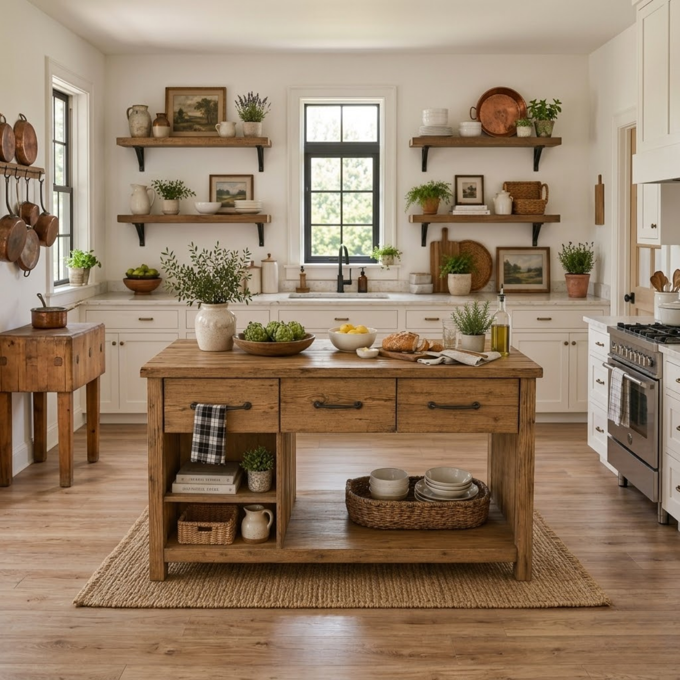Solid Wood Kitchen Island with Drawers & Open Shelves – Rustic Farmhouse Kitchen Table, Large Wooden Prep Station