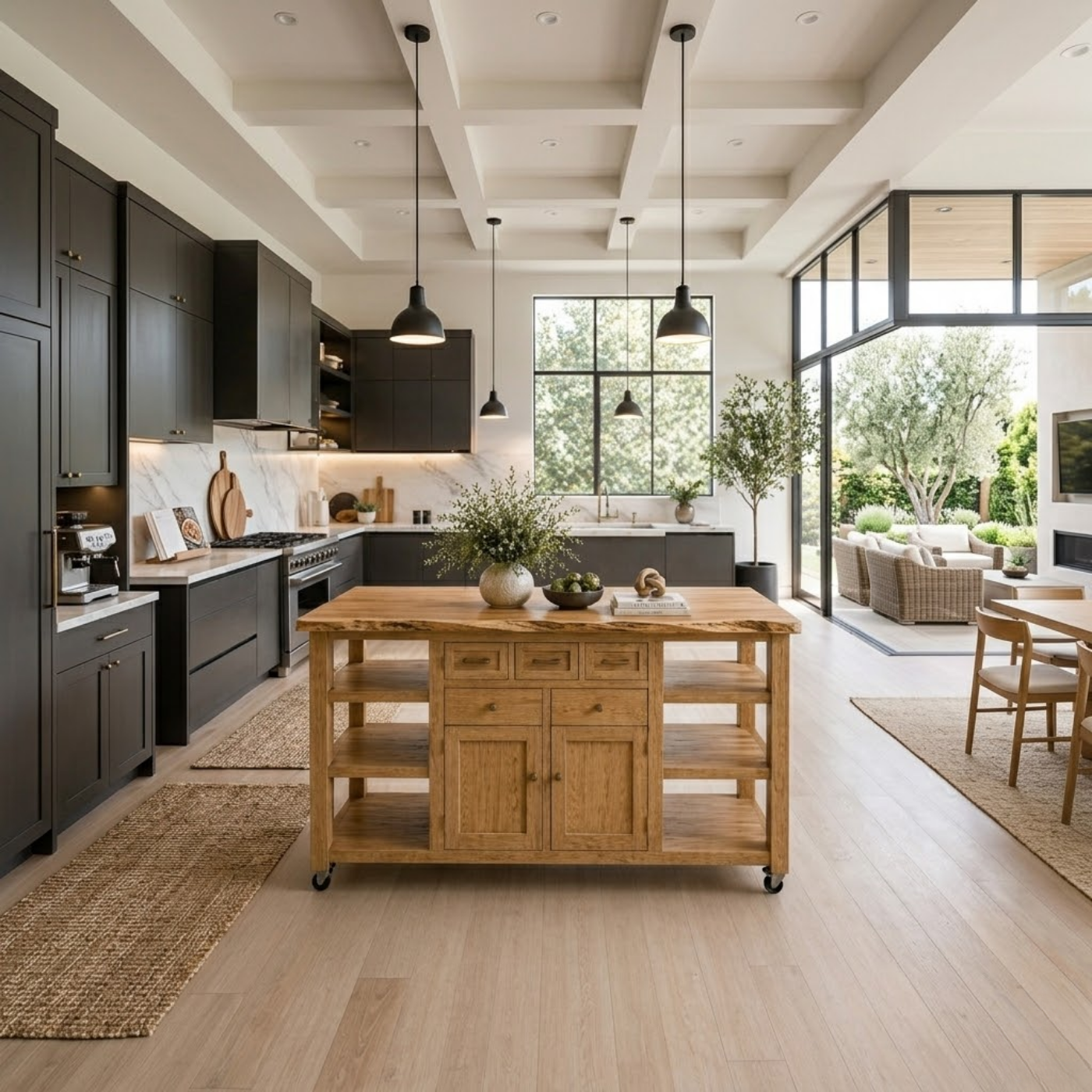 Solid Wood Kitchen Island with Storage & Shelves – Rustic Oak Kitchen Cart, Rolling Prep Table with Drawers & Cabinet
