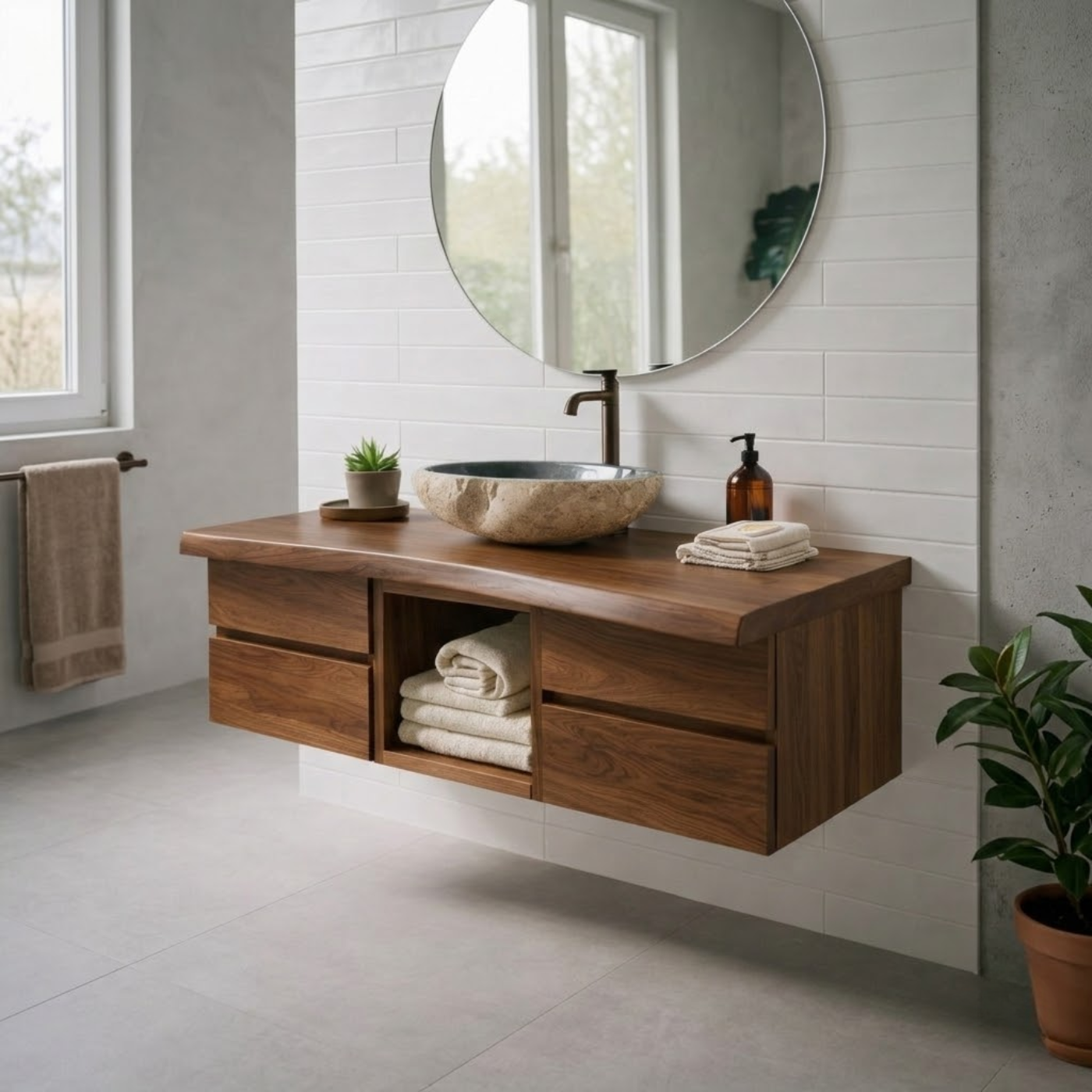 Floating Solid Wood Bathroom Vanity with Drawers and Open Shelf – Modern Minimalist Wall Mounted Cabinet