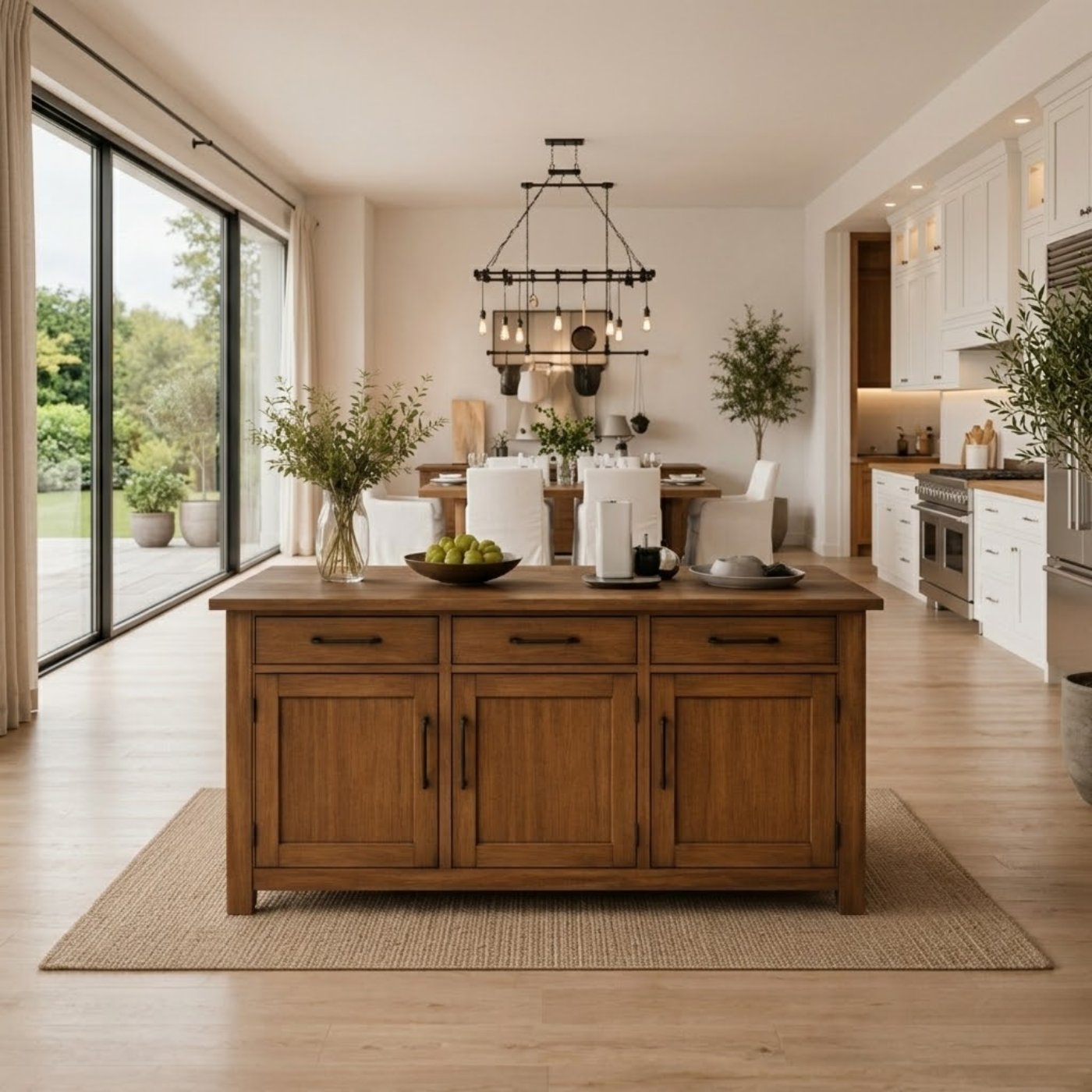 Solid Wood Kitchen Island with Cabinets & Drawers, Large Wooden Prep Table