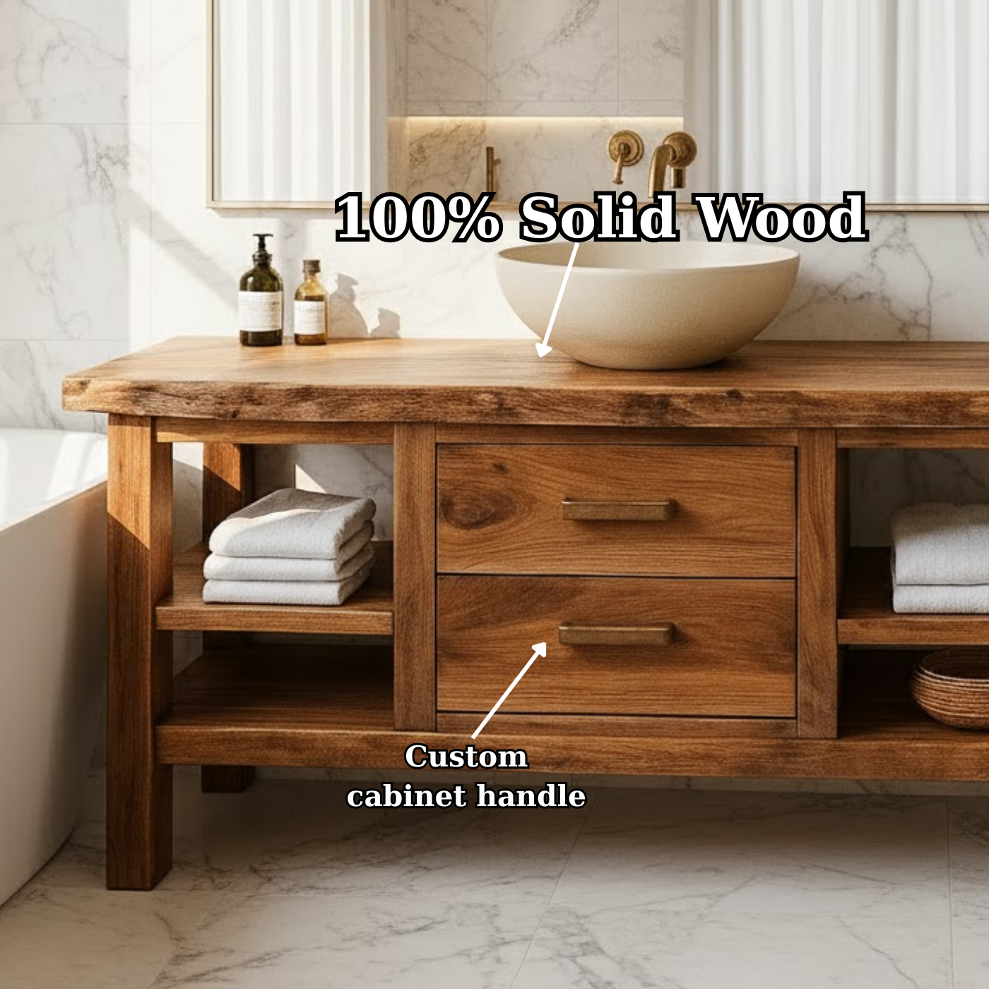 Solid Wood Bathroom Vanity with Center Drawers and Open Side Shelves for Contemporary Bathrooms