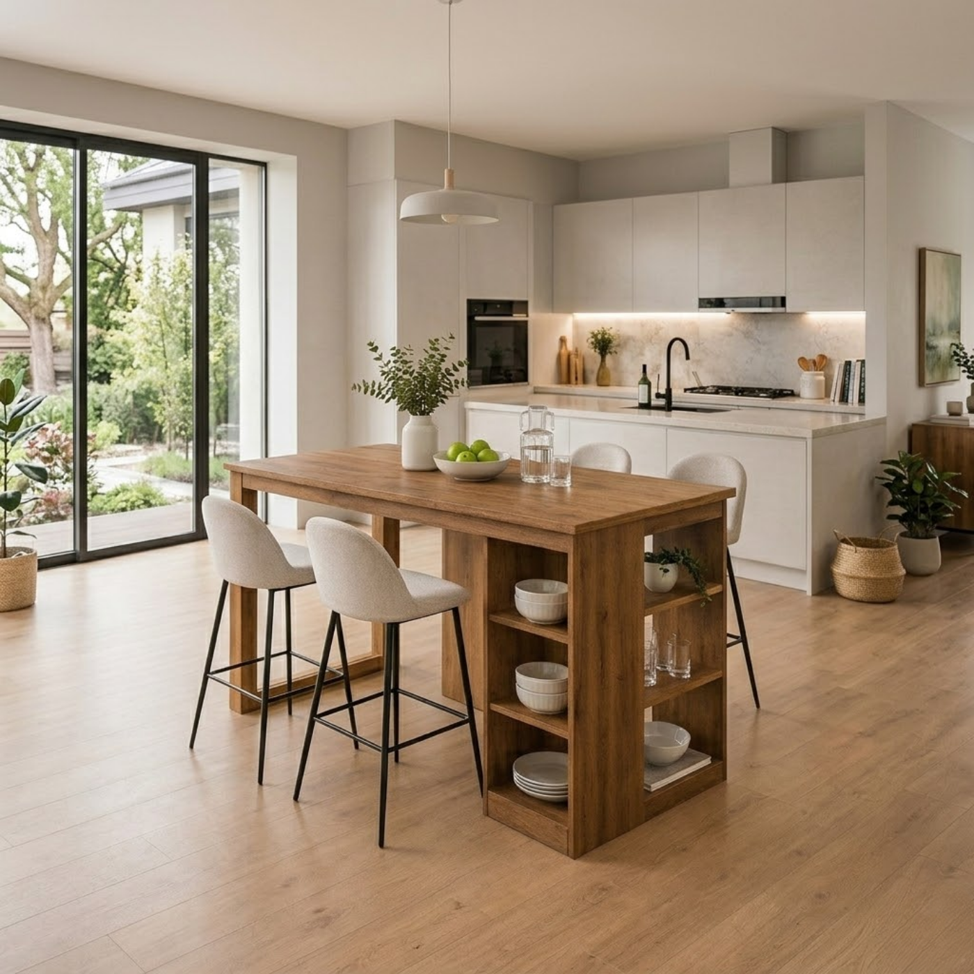 Solid Wood Kitchen Island with Open Shelves – Dining Island Table with Storage, Modern Rustic Kitchen Table