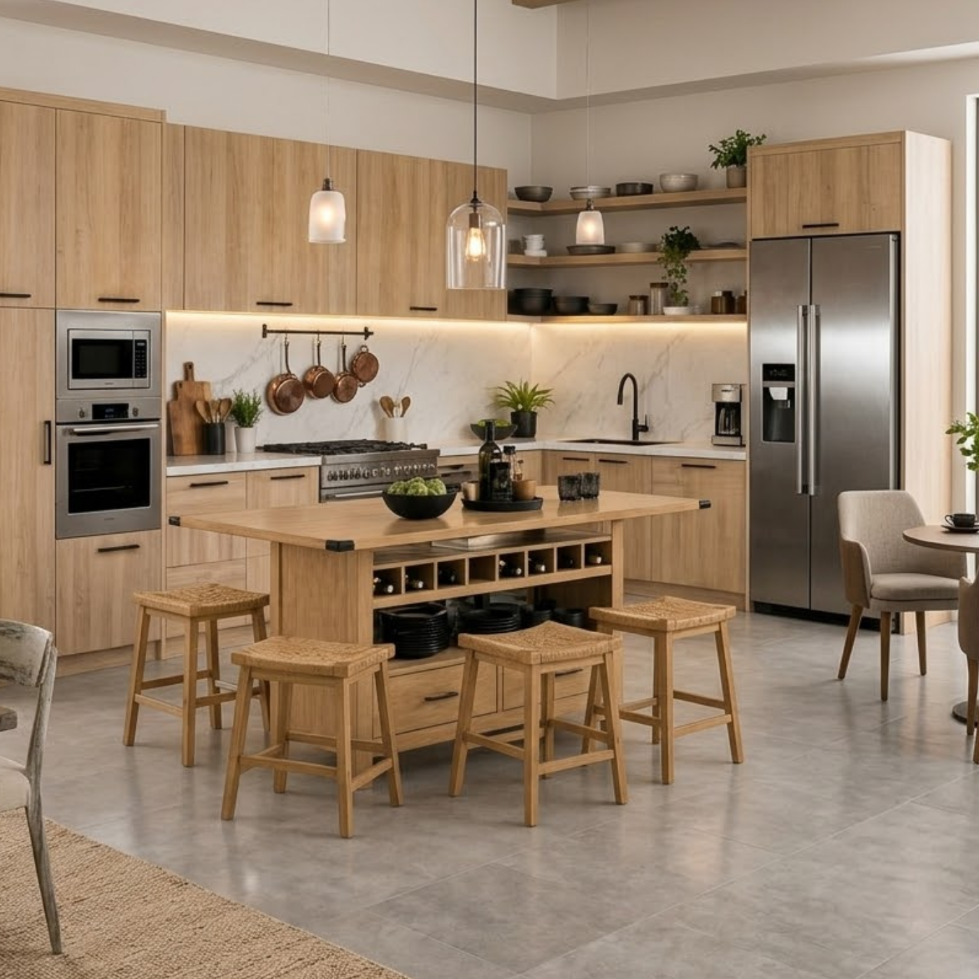 Solid Wood Kitchen Island with Wine Rack & Storage – Rustic Walnut Kitchen Table, Large Prep Island with Shelves & Drawer