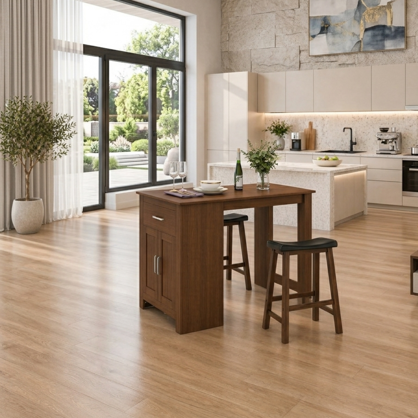 Solid Wood Kitchen Island Table with Cabinet – Walnut Dining Table with Storage, Compact Rustic Kitchen Island
