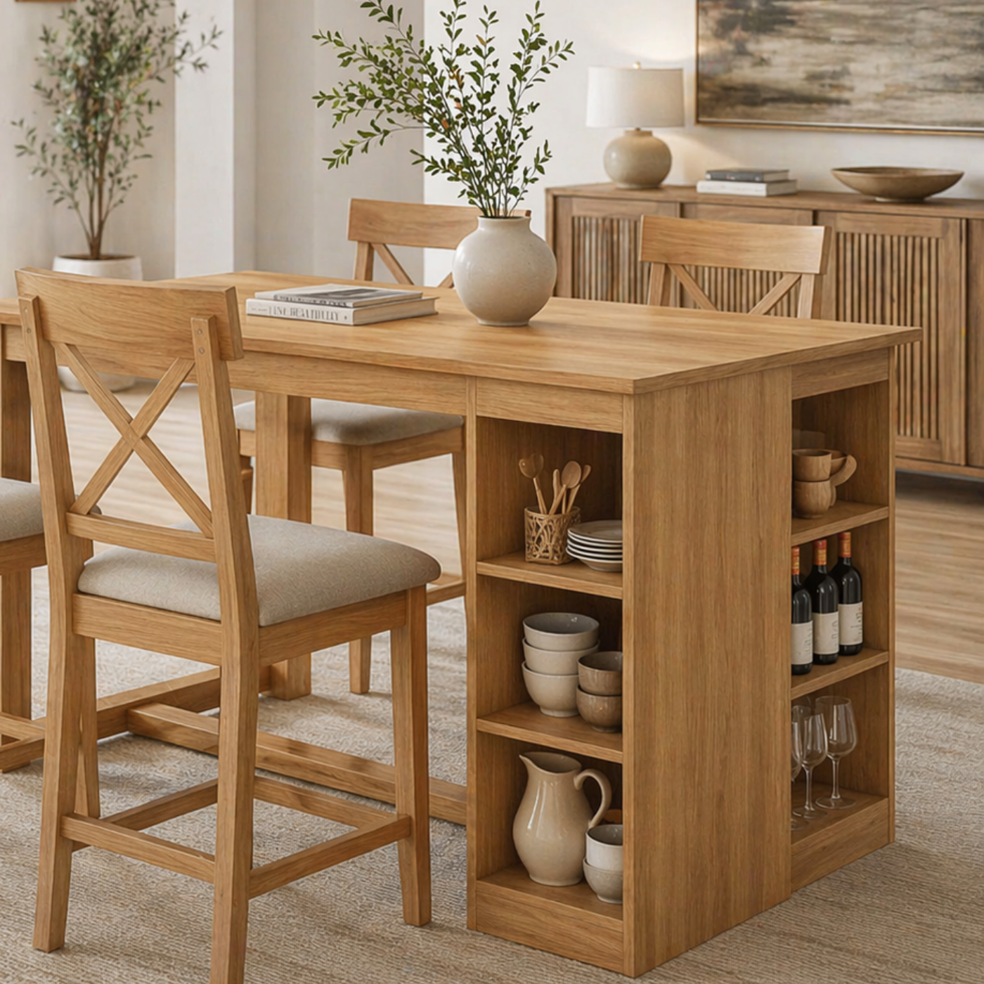 Solid Wood Dining Table with Storage Shelf – Oak Kitchen Island Table with Wine Rack, Modern Farmhouse Dining Table
