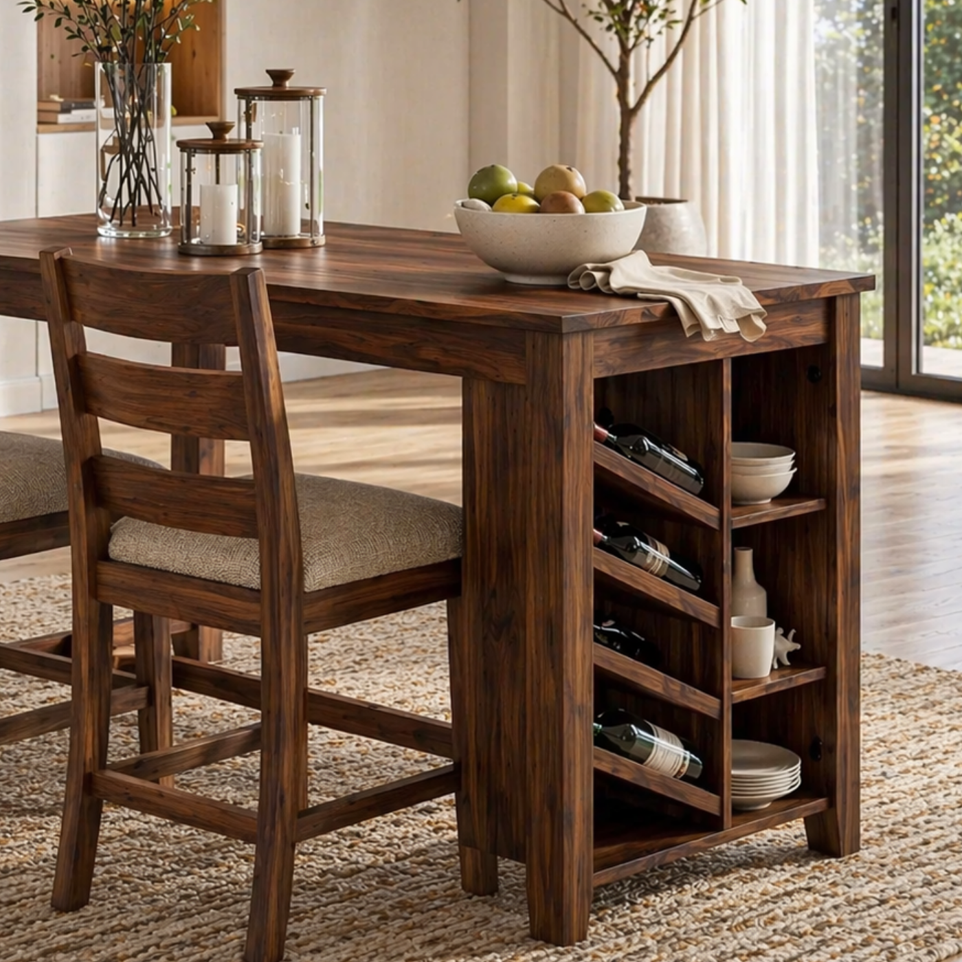 Solid Wood Dining Table with Wine Rack – Rustic Oak Kitchen Island Table, Wooden Dining Table with Storage