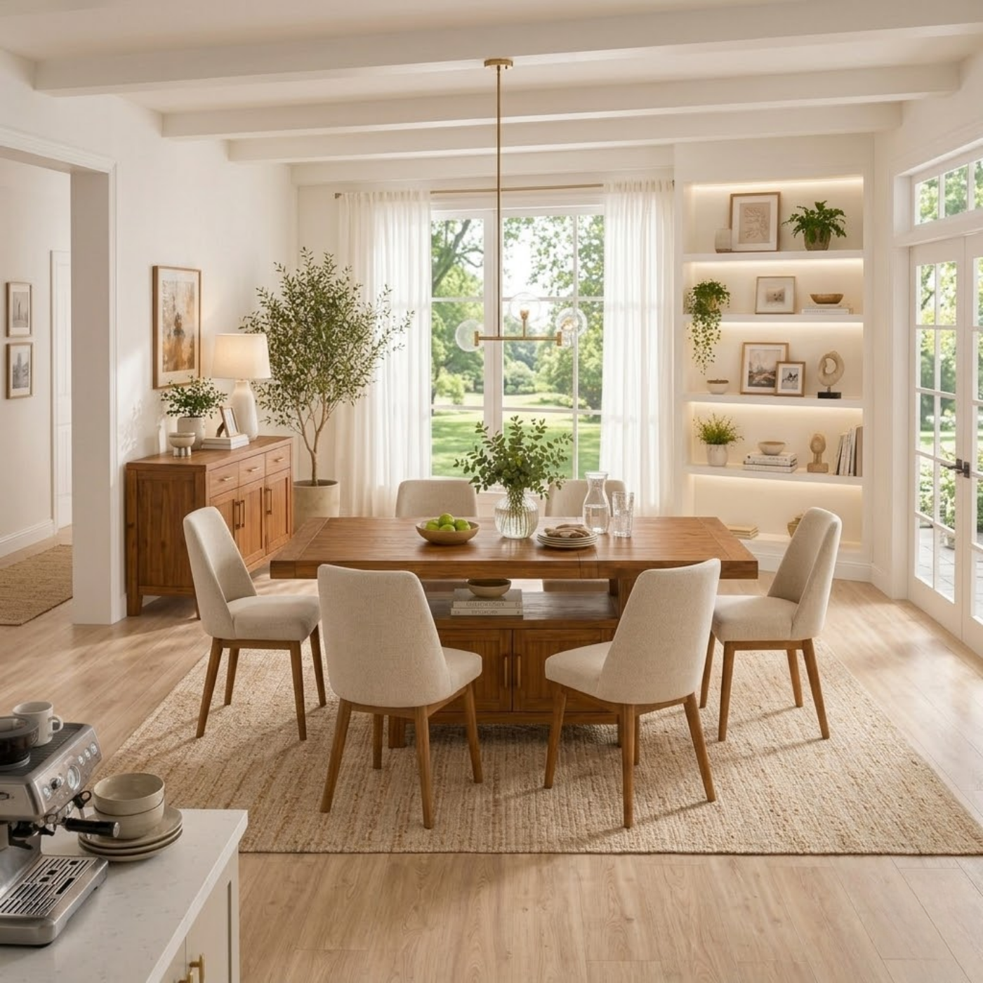 Solid Wood Dining Table with Storage Cabinet – Rustic Oak Dining Table, Kitchen Island Table with Shelves