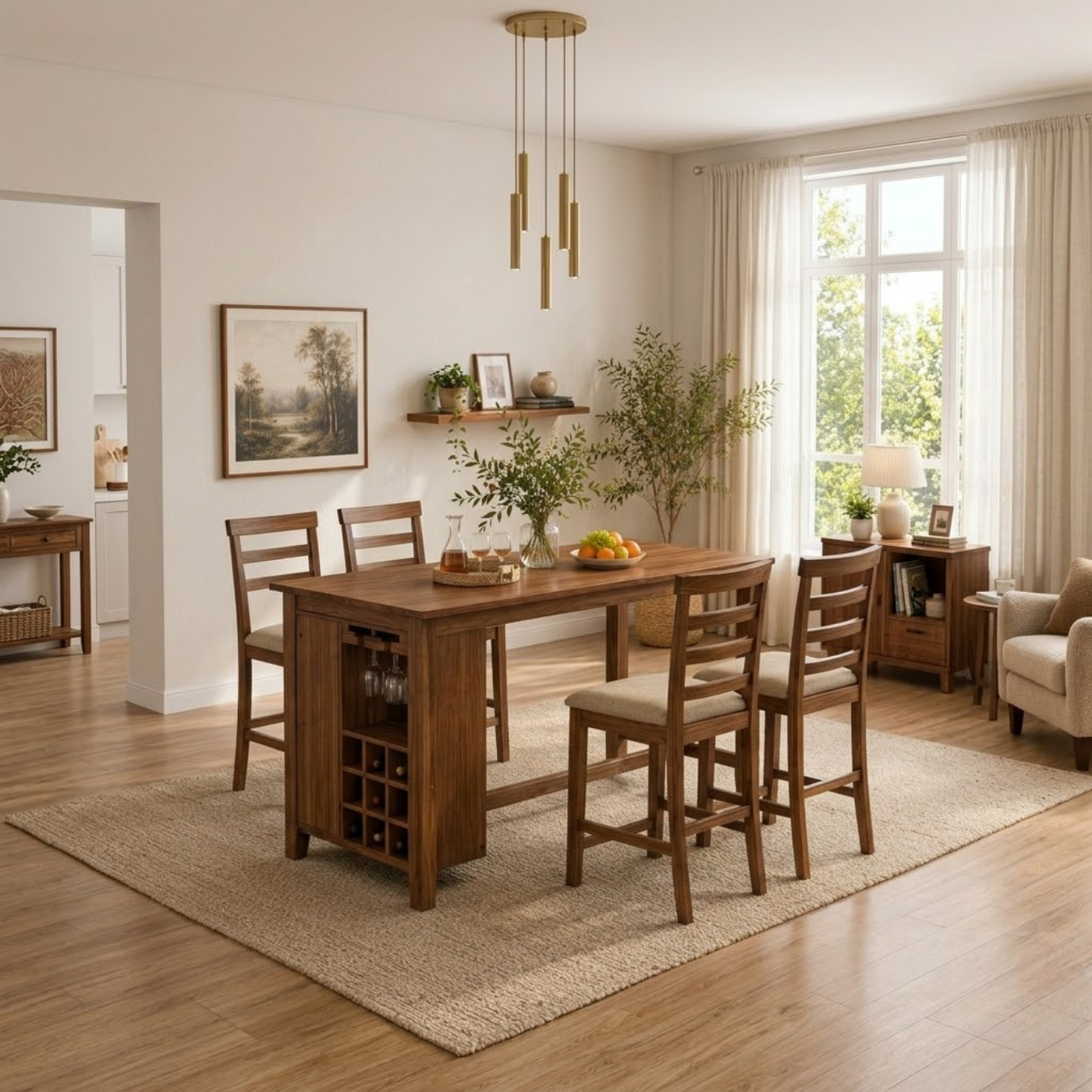 Solid Wood Dining Table with Wine Rack & Glass Holder – Rustic Walnut Dining Table, Kitchen Island Table with Storage