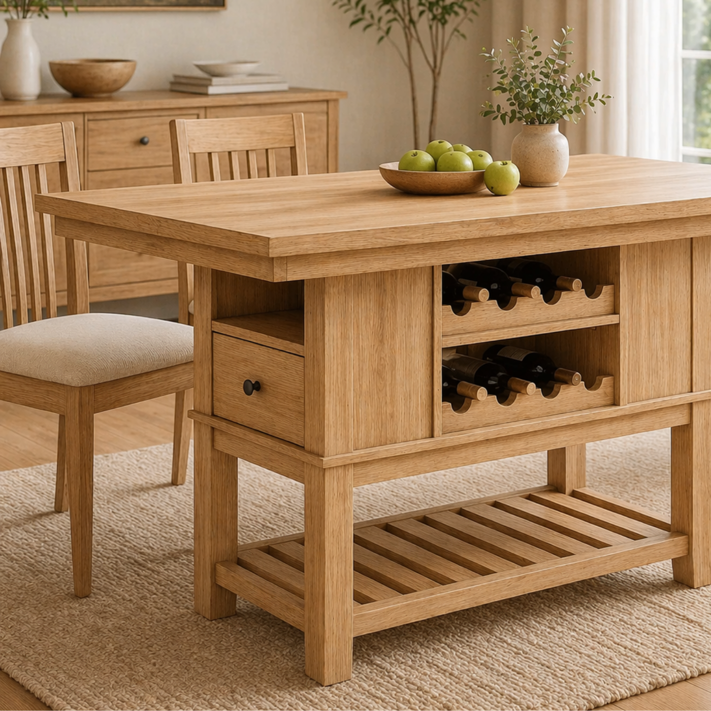 Solid Wood Kitchen Island with Wine Rack & Shelf – Dining Table with Storage, Modern Farmhouse Kitchen Island