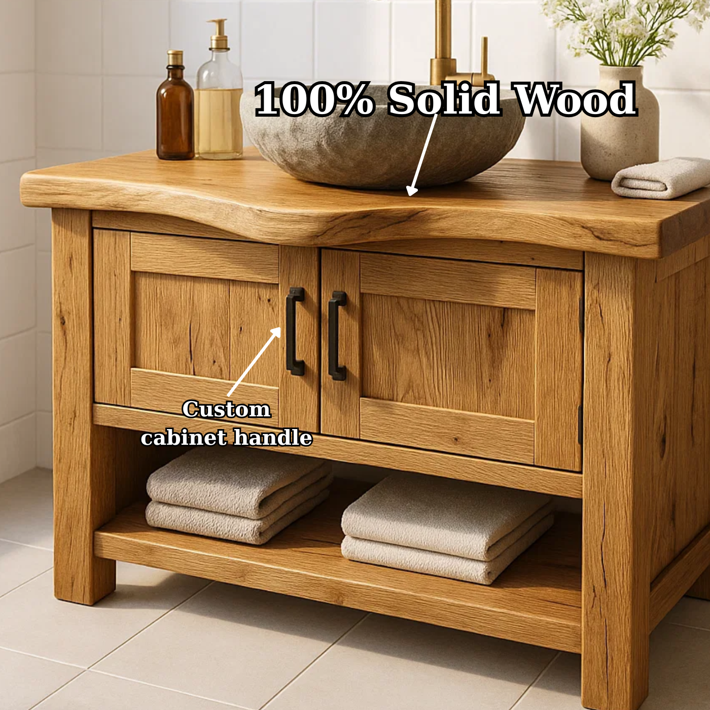 Solid Wood Bathroom Vanity with Double Cabinet Doors and Open Shelf for Organic Modern Bathrooms
