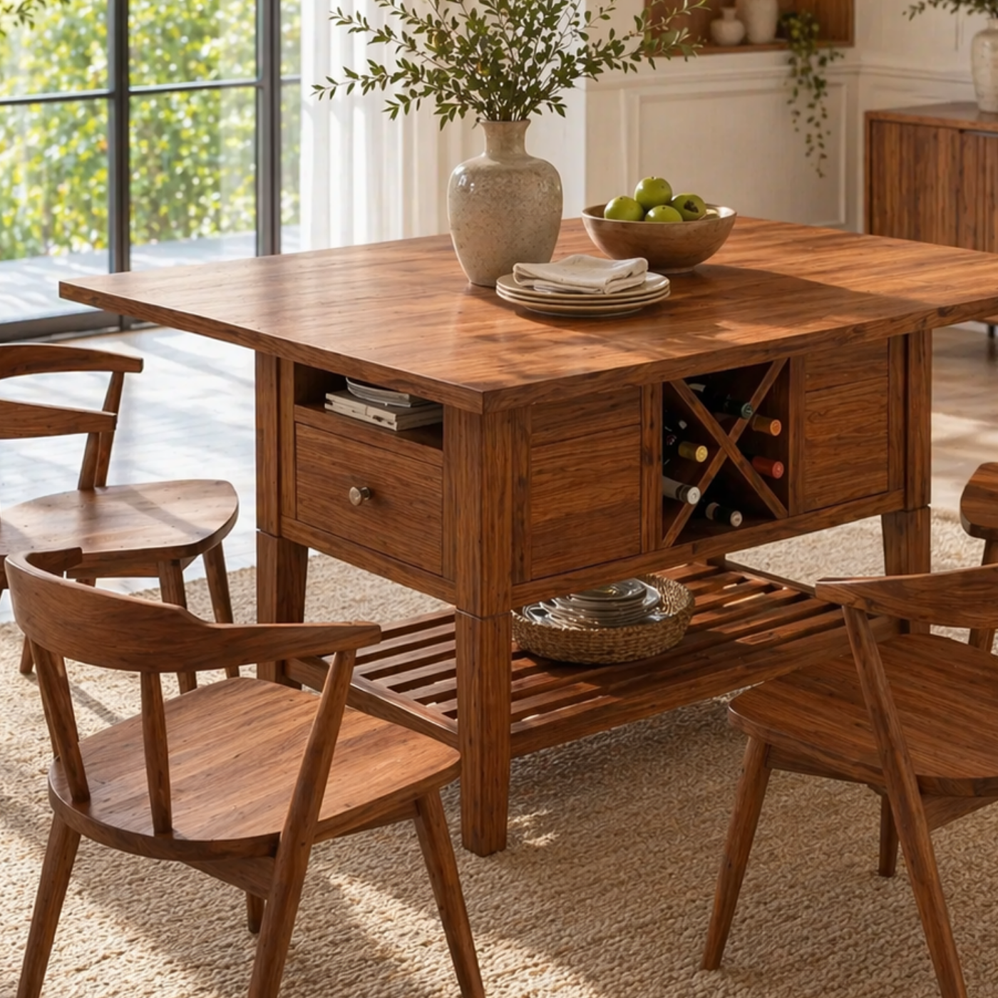 Solid Wood Kitchen Island with Storage Shelf and Wine Rack – Modern Farmhouse Prep Table
