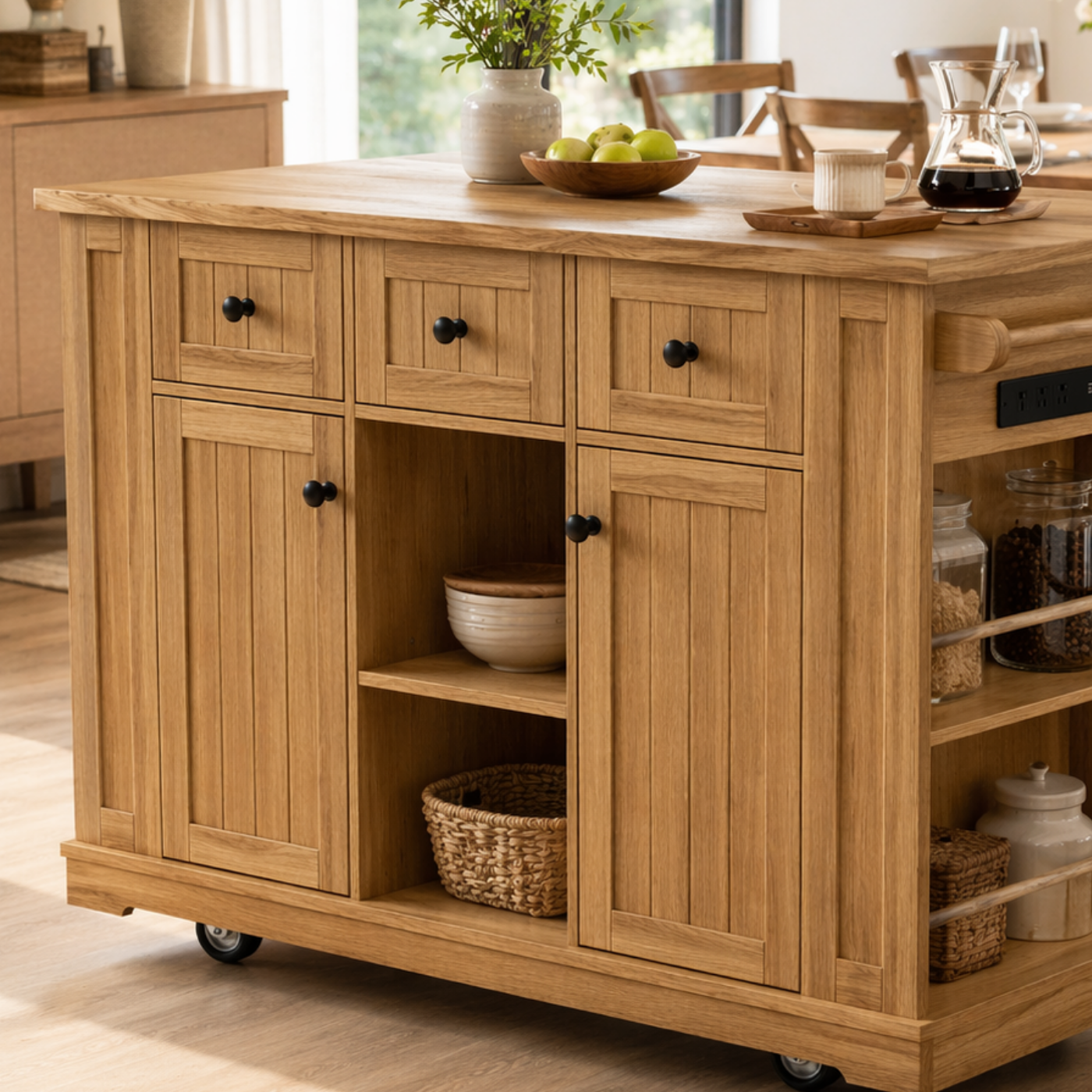 Solid Wood Kitchen Island with Storage & Power Outlet – Oak Rolling Kitchen Cart with Drawers, Cabinets & Shelves