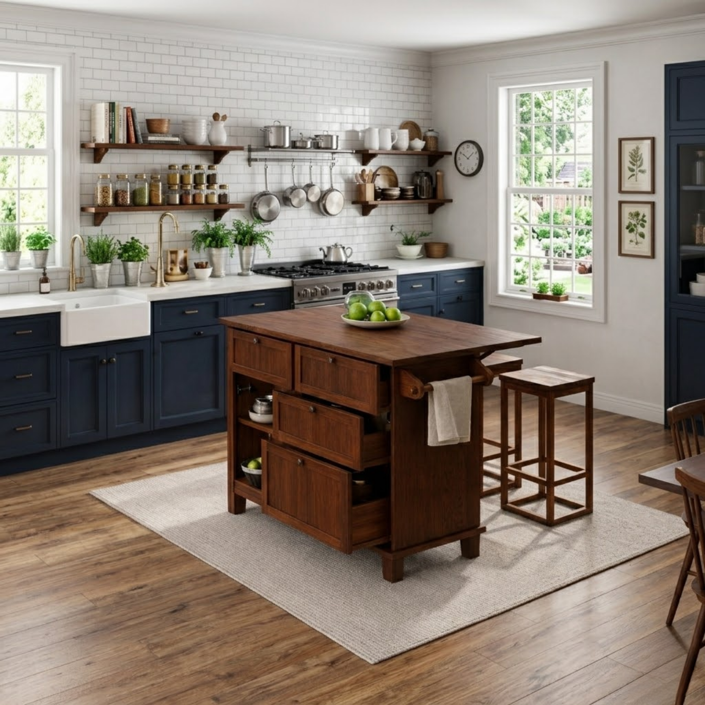 Solid Wood Kitchen Island with Drawers & Towel Rack – Kitchen Storage Island, Rustic Prep Table with Cabinets