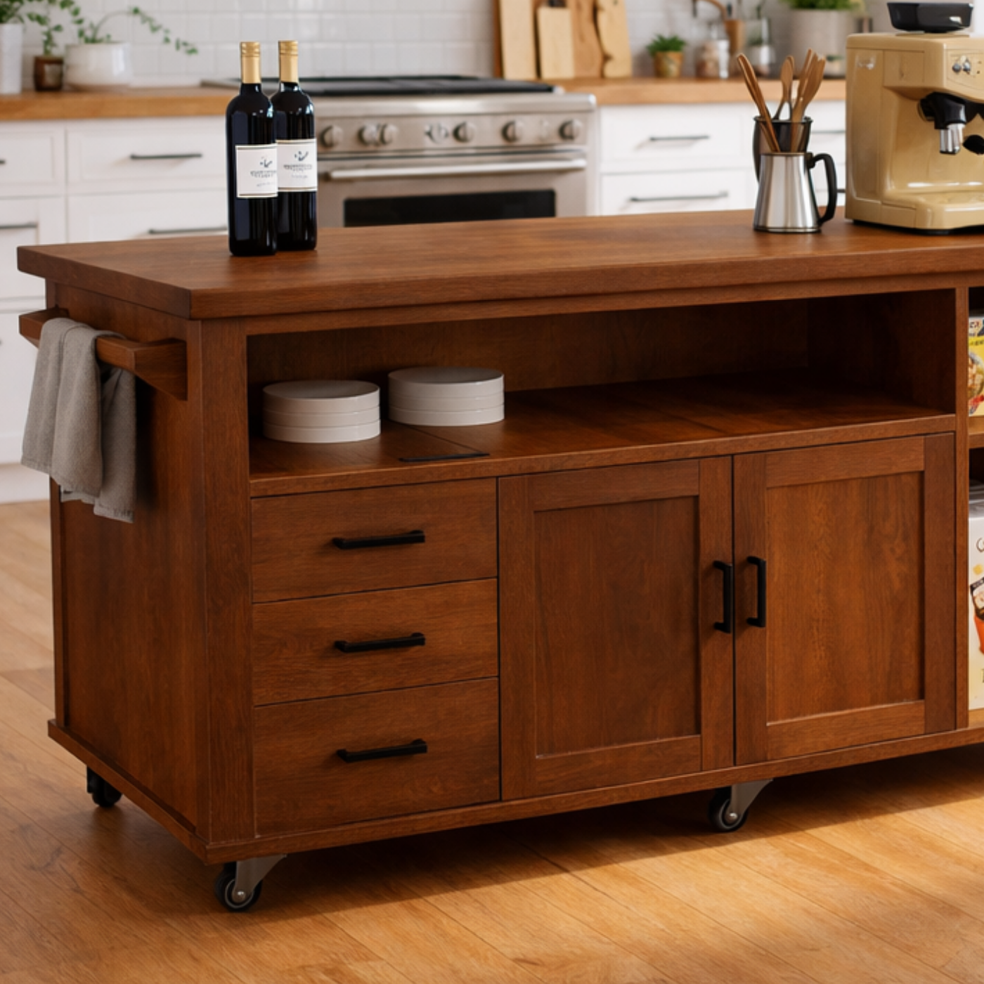 Solid Wood Kitchen Island with Storage & Shelves – Rolling Kitchen Cart with Drawers, Cabinets & Open Storage