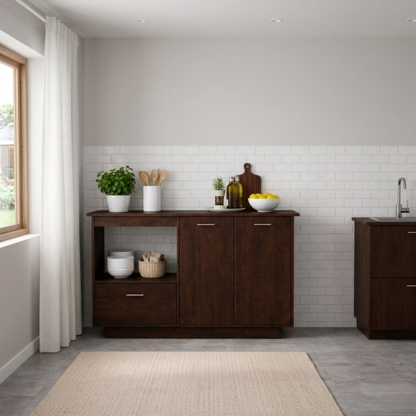 Solid Wood Kitchen Sideboard Cabinet – Walnut Storage Buffet with Drawer & Open Shelf