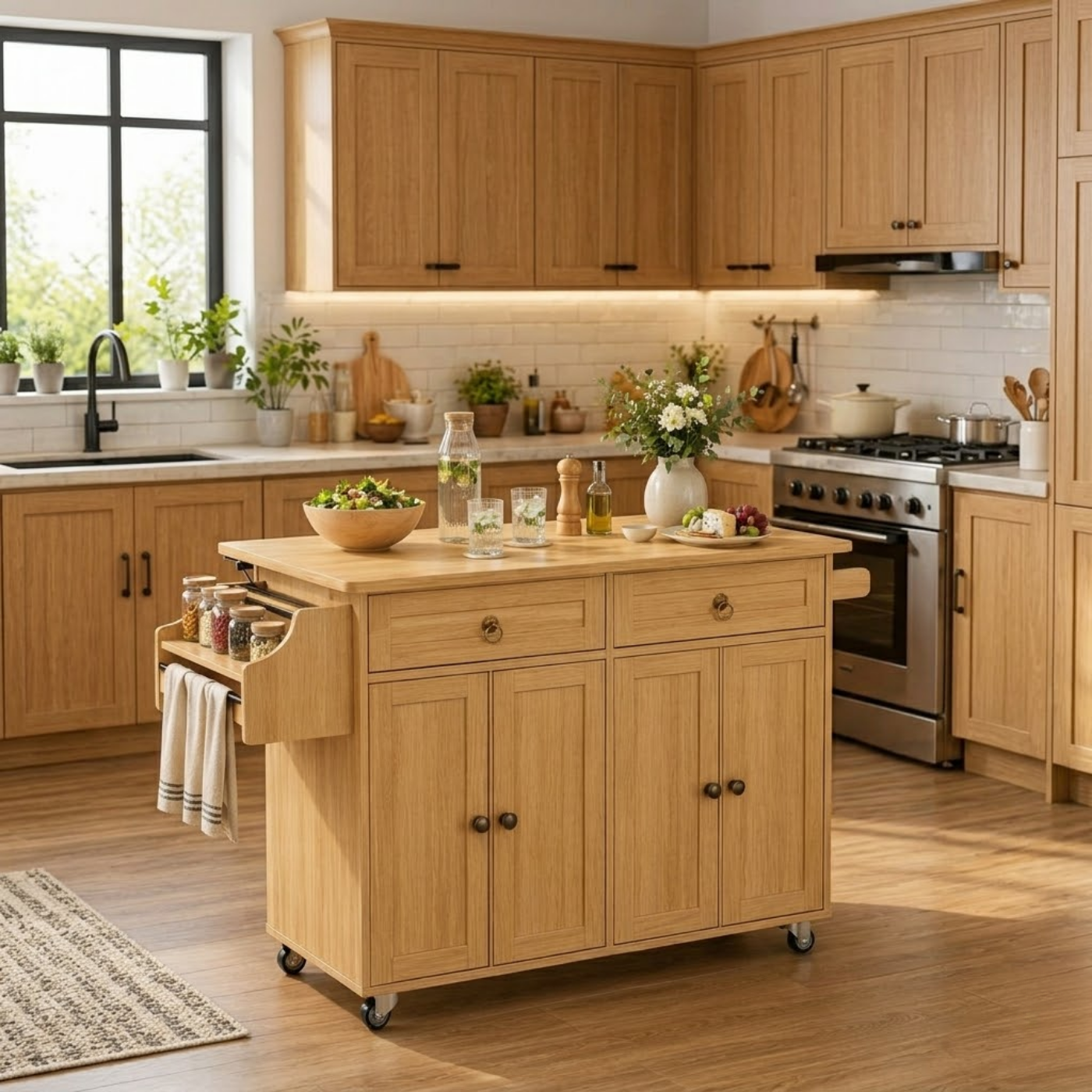 Solid Wood Kitchen Island Cart – Oak Storage Cabinet with Spice Rack & Towel Bar