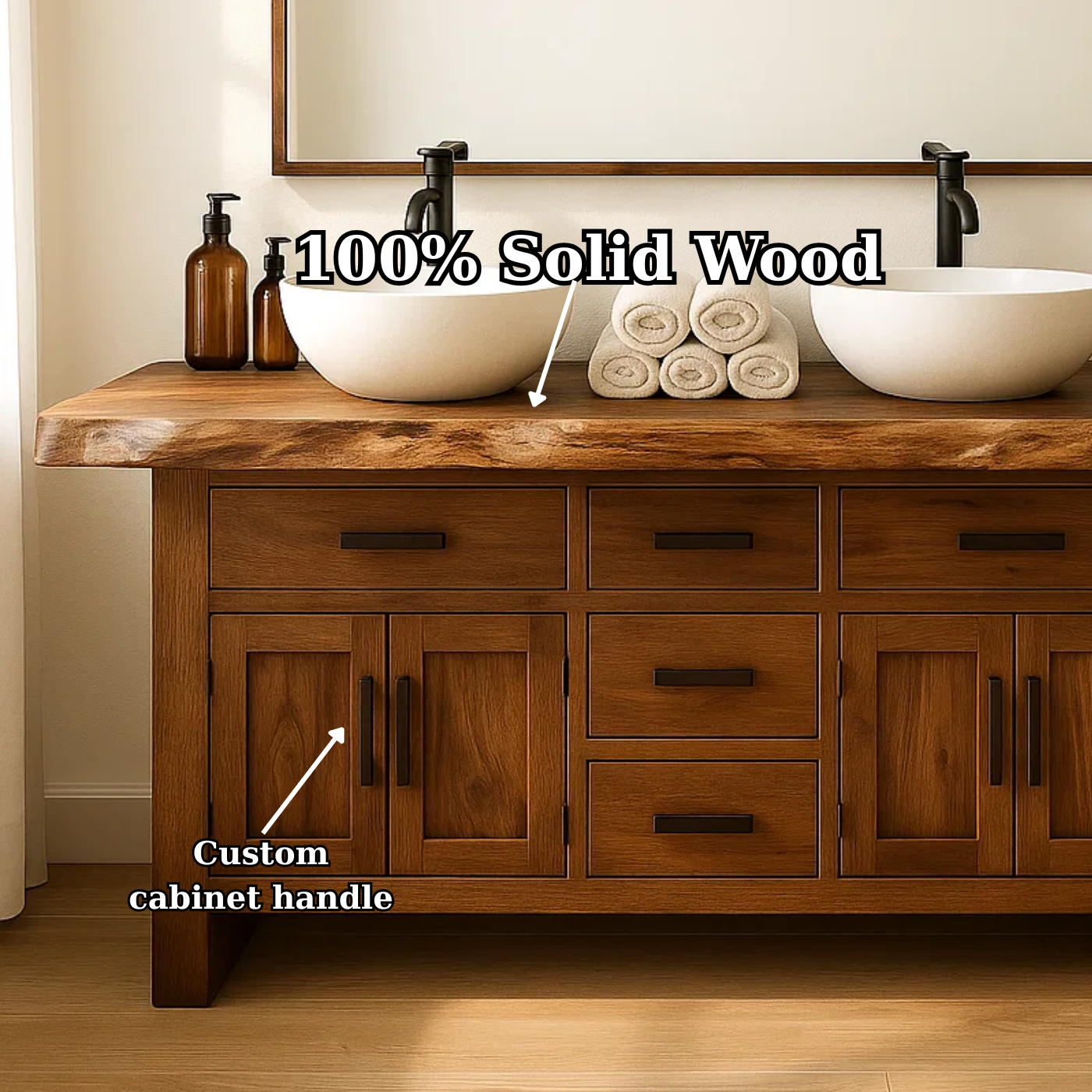 Solid Wood Double Bathroom Vanity with Five Drawers and Dual Cabinet Doors for Master Bathrooms