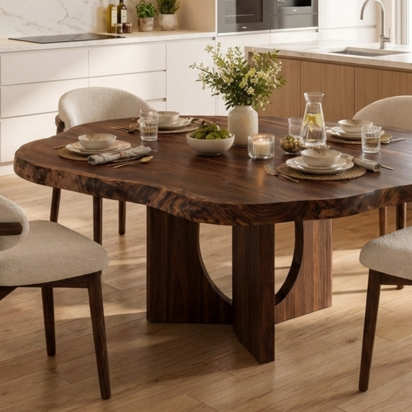 Live Edge Round Solid Wood Dining Table, Sculptural Pedestal Base