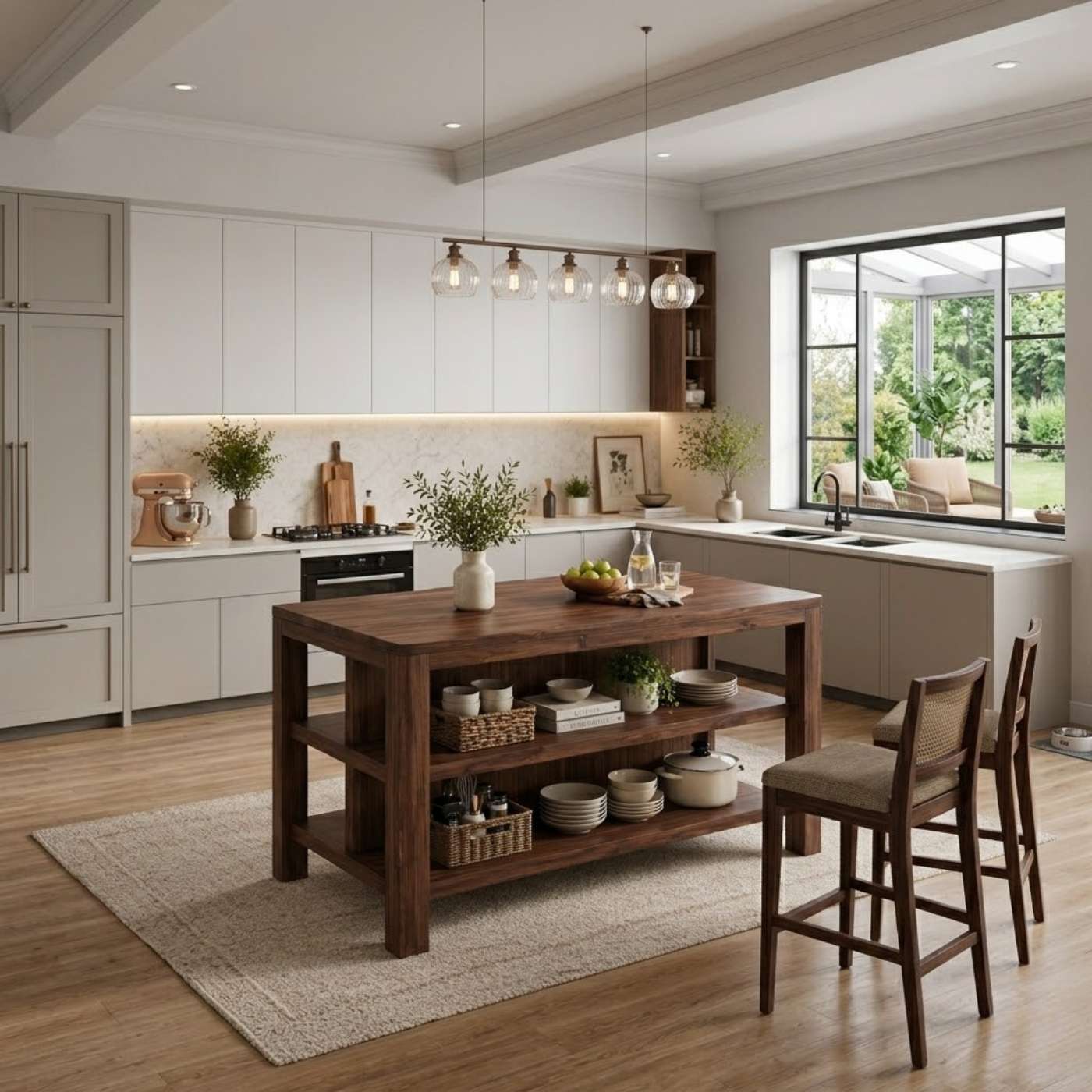 Solid Wood Kitchen Island with Open Shelves – Natural Oak Prep Table for Modern Kitchen