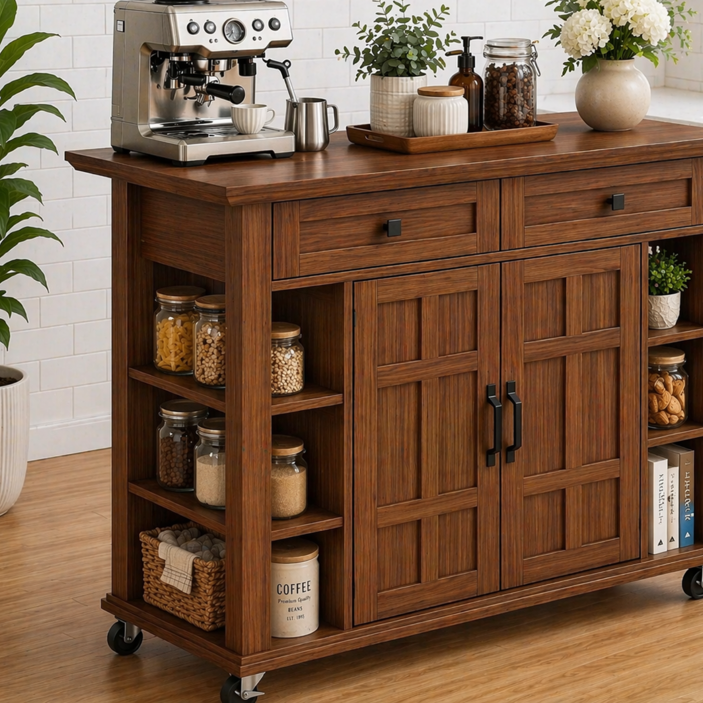 Solid Wood Kitchen Island Cart – Walnut Coffee Station with Storage Shelves