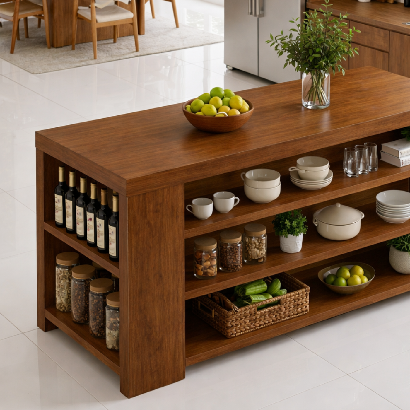 Solid Wood Kitchen Island with Open Shelves – Storage Prep Table