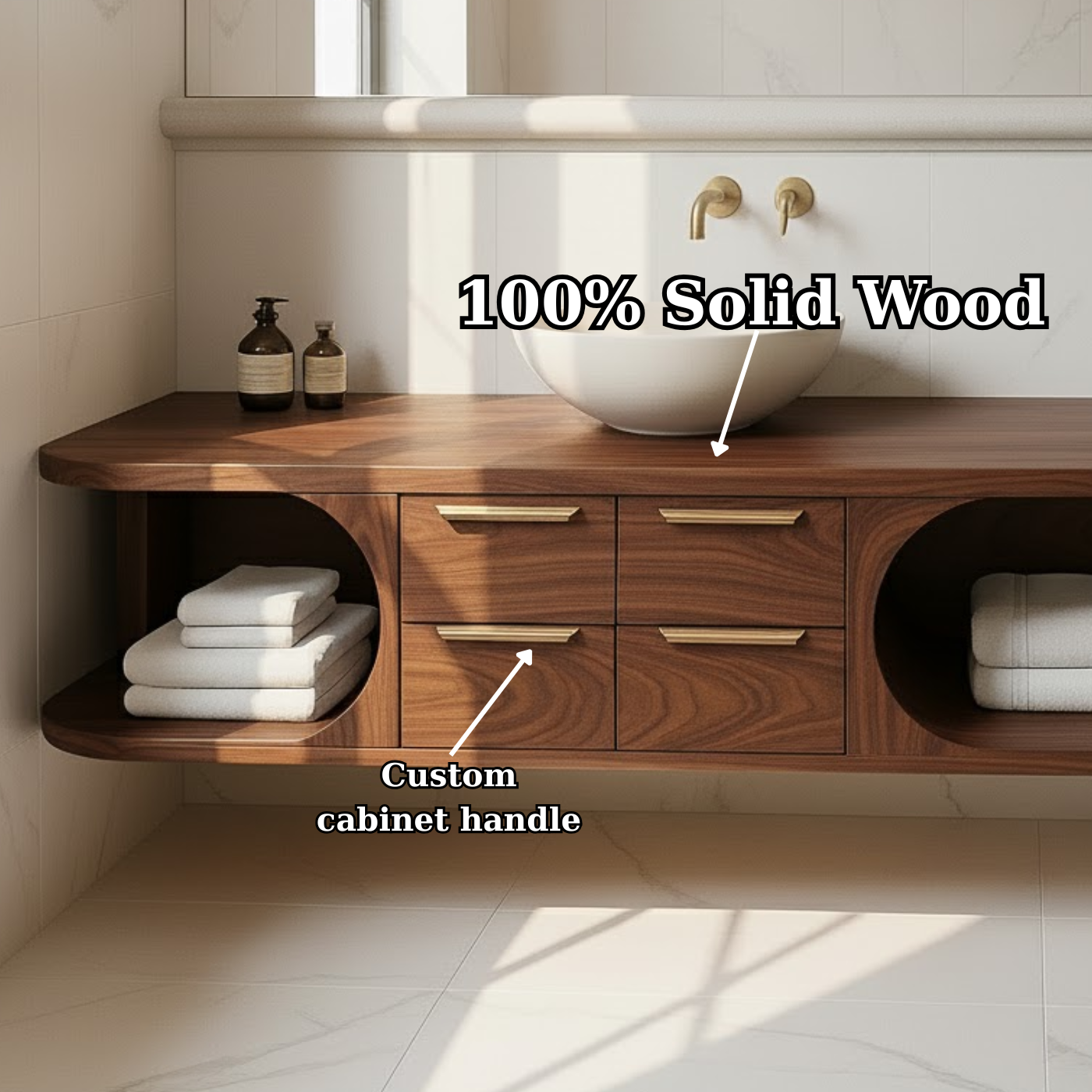 Floating Solid Wood Bathroom Vanity with Drawers and Open Shelves for Contemporary Bathrooms
