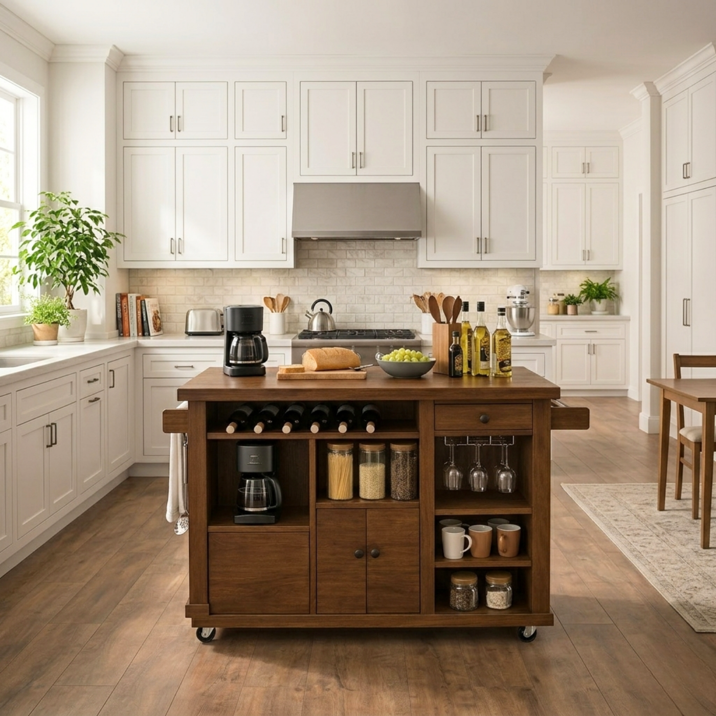Solid Wood Rolling Kitchen Island with Wine Rack & Storage – Kitchen Cart on Wheels