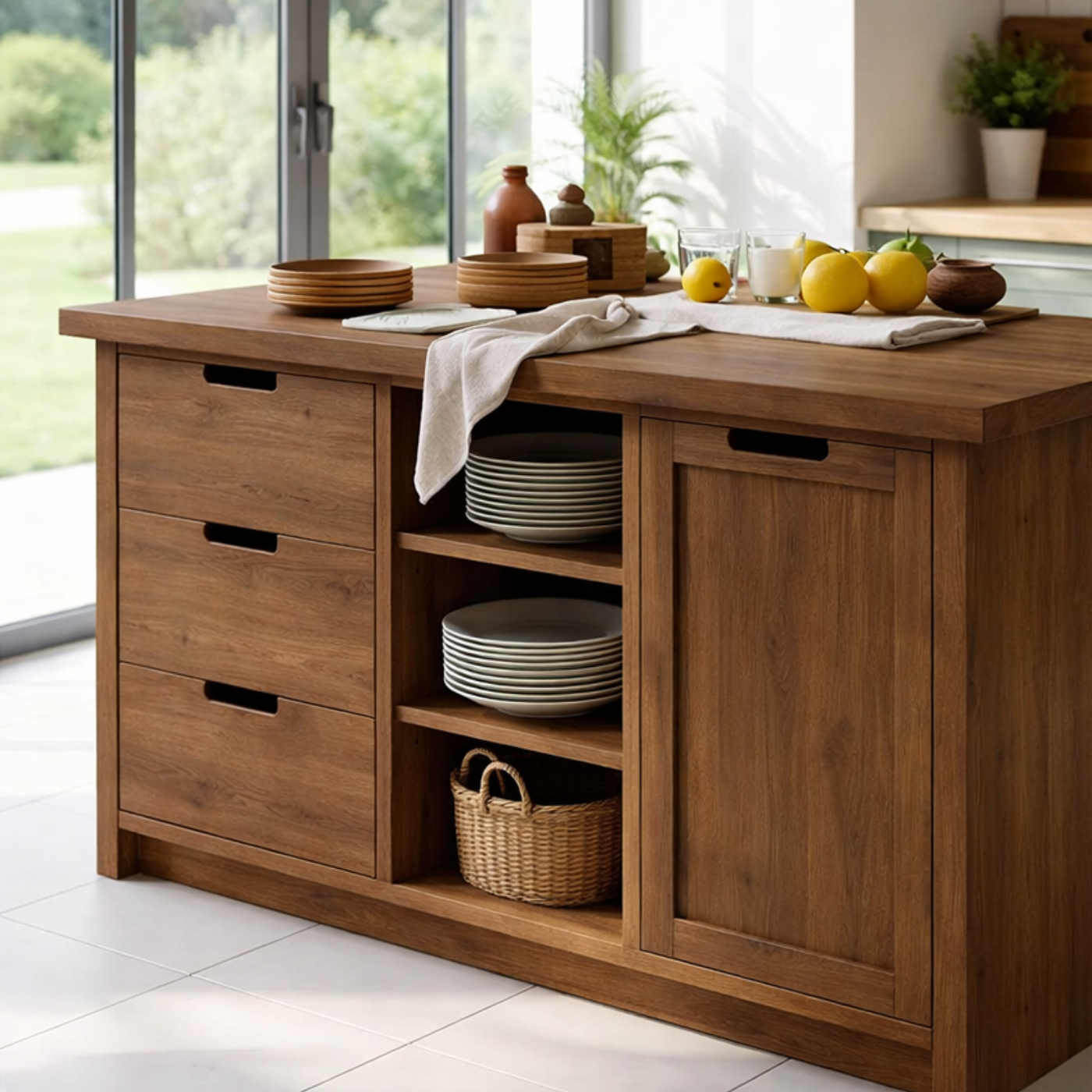 Solid Wood Kitchen Island with Drawers & Open Shelves – Modern Storage Table