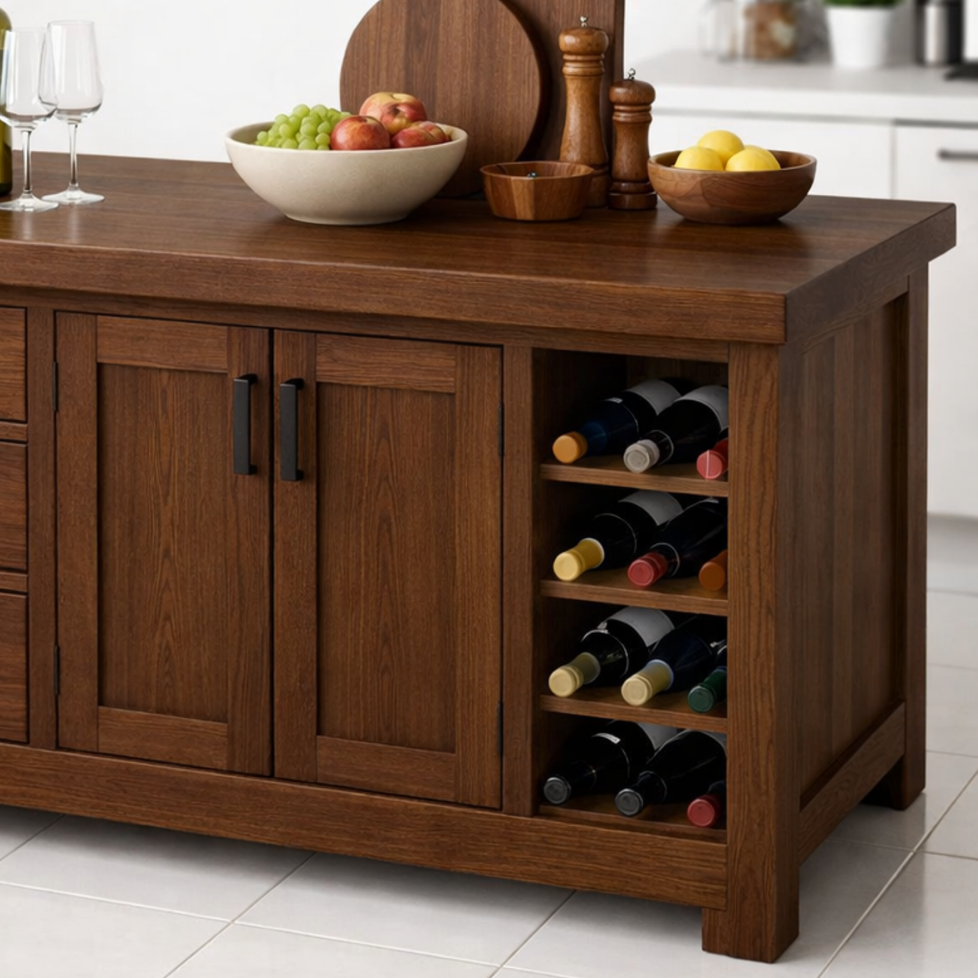 Solid Wood Kitchen Island with Wine Rack & Storage Drawers – Kitchen Storage Cabinet