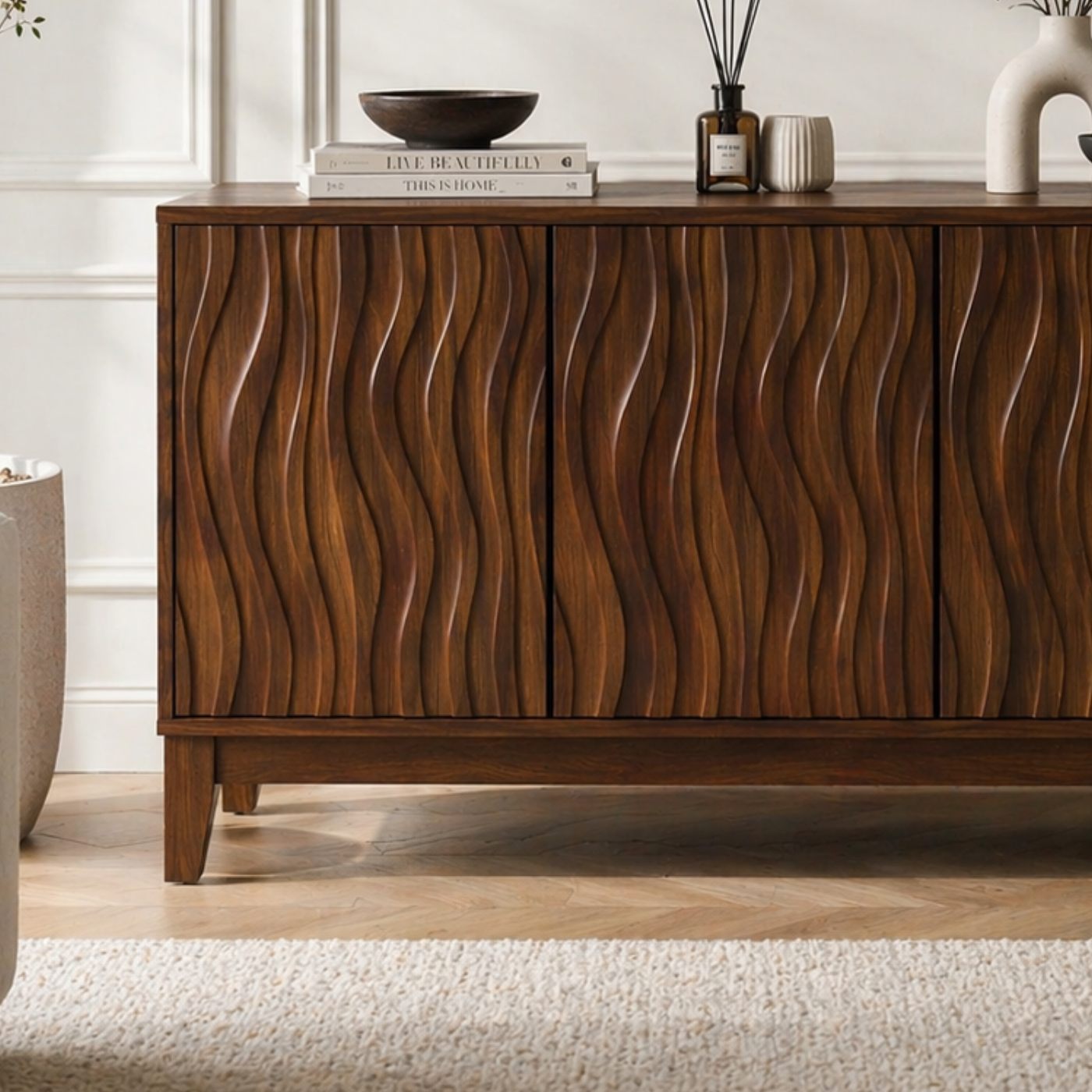 Solid Wood Fluted Console Sideboard – Modern Walnut Storage Cabinet