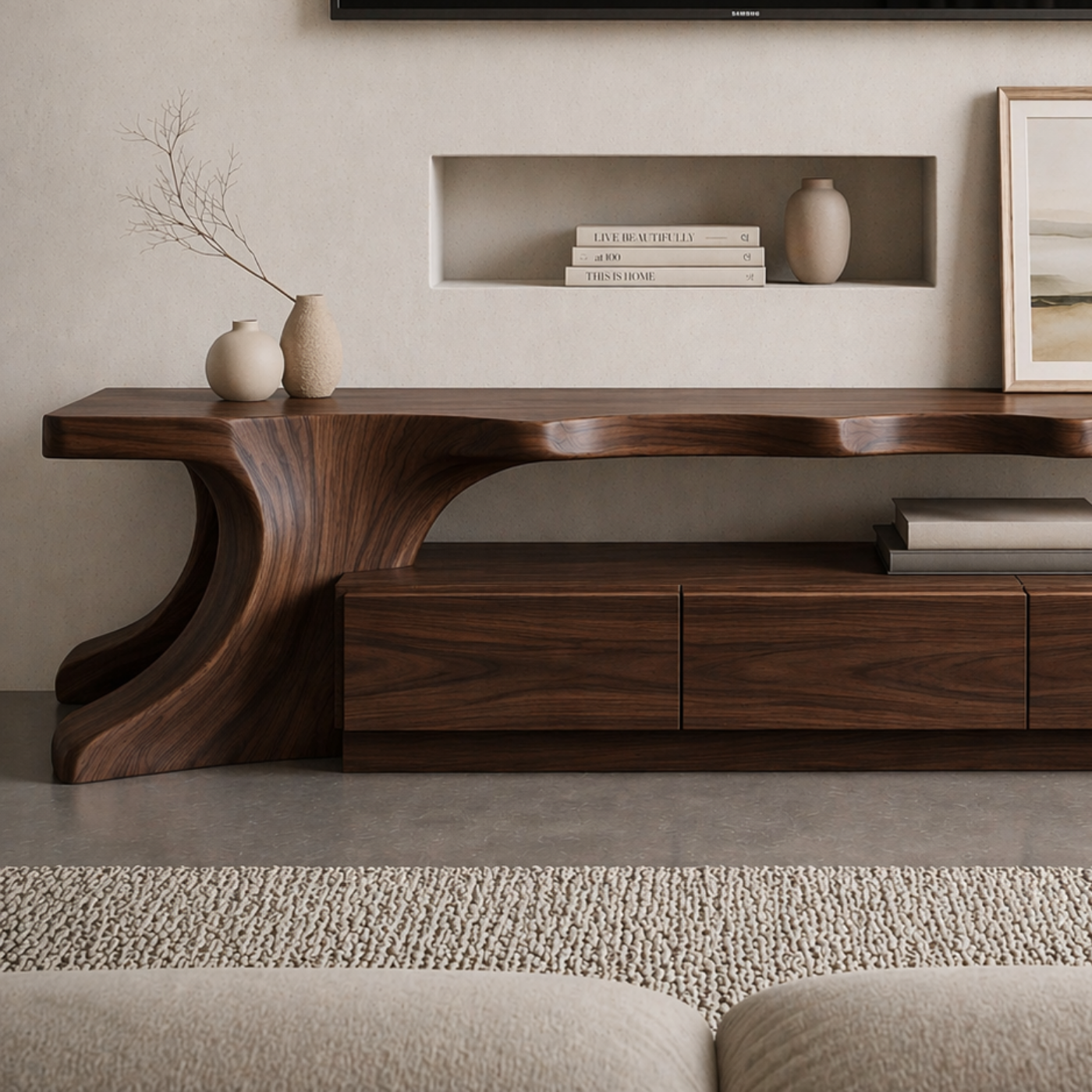 Solid Wood Sculptural TV Stand with Curved Base – Modern Media Console Table