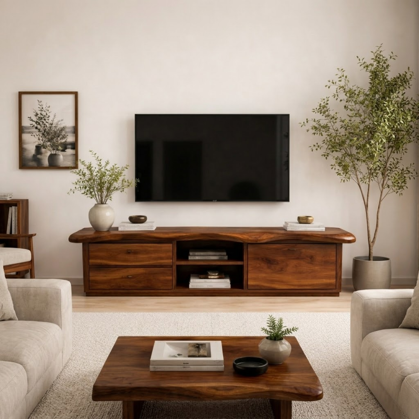 Solid Wood TV Stand with Storage Drawers – Modern Minimalist Console Cabinet