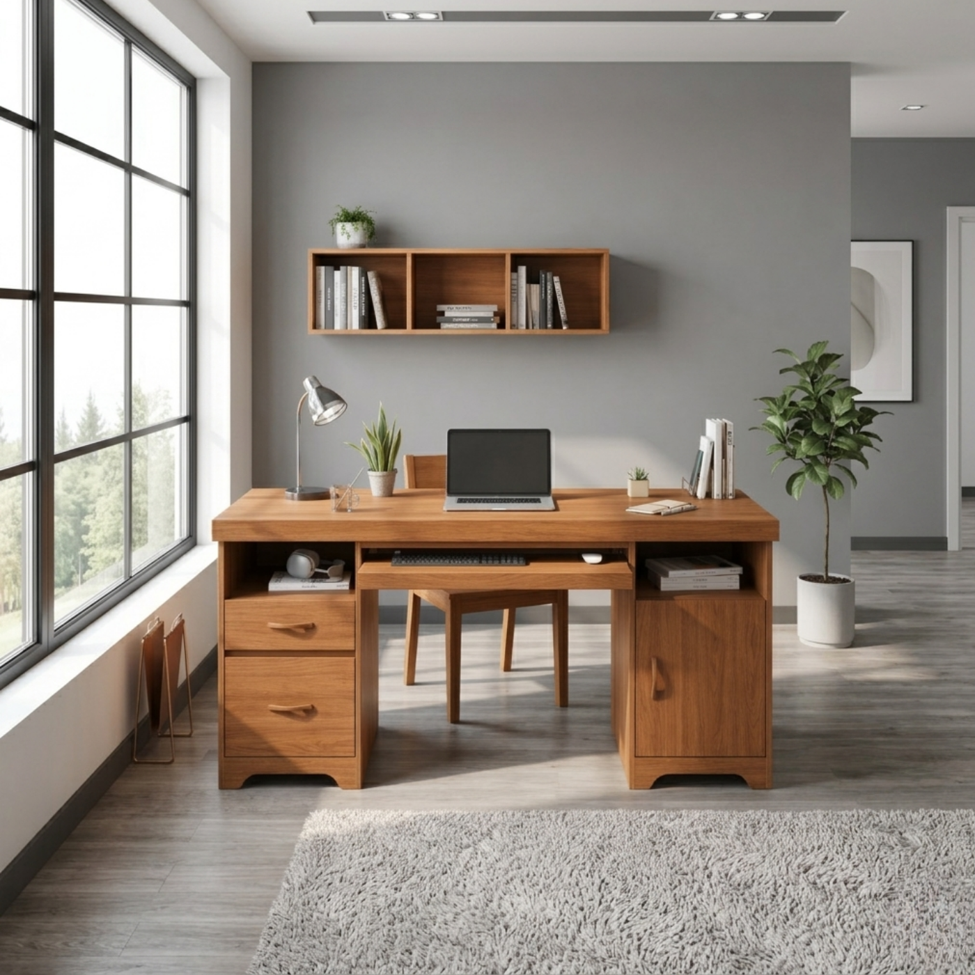 Solid Wood Writing Desk with Storage – Modern Home Office Desk with Drawers and Shelves
