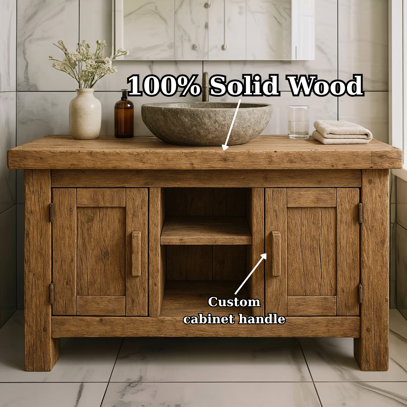 Farmhouse Solid Wood Bathroom Vanity Cabinet with Double Door Storage and Open Shelf