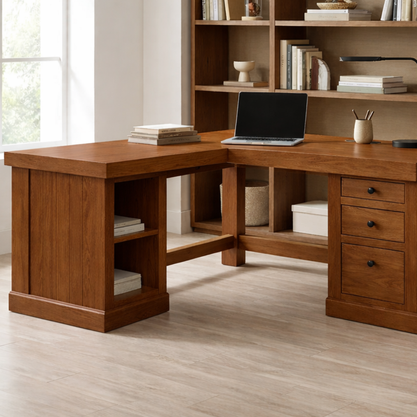Solid Wood L Shaped Office Desk with 3 Drawers and Open Side Shelves, Modern Wooden Corner Desk